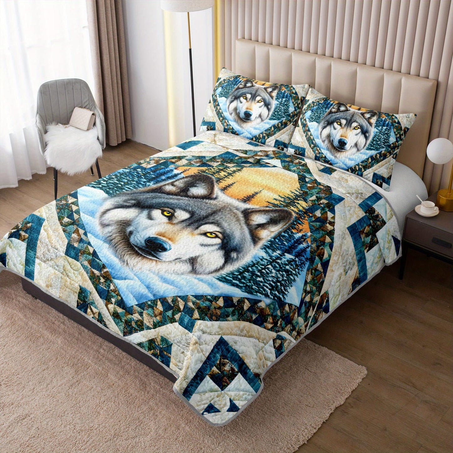 Tuzaovy Wolf Animal Quilt Bedding Set Queen Size for Kid Teen,Wolf Bedspread Sets Bedding Cozy Winter Bedroom Decor,Geometric Animal Print Bed Cover Queen for Boys Girls Bedroom Decor