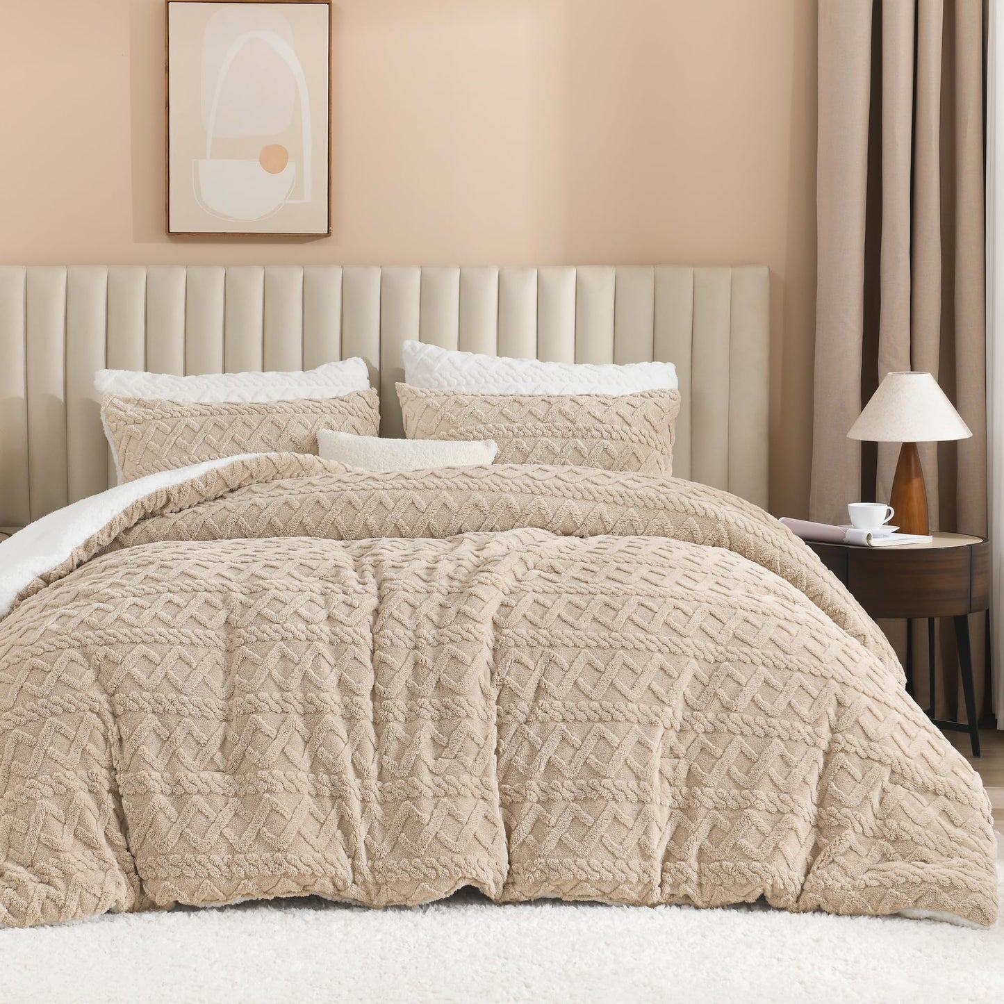 Andency Fluffy Sherpa Full Comforter Set, Super Soft Beige Fleece Warm Bedding for Winter, Luxury Jacquard Boho Thick Fuzzy Plush Bed Set 3 Pieces(1 Shaggy Comforter, 2 Pillowcases)