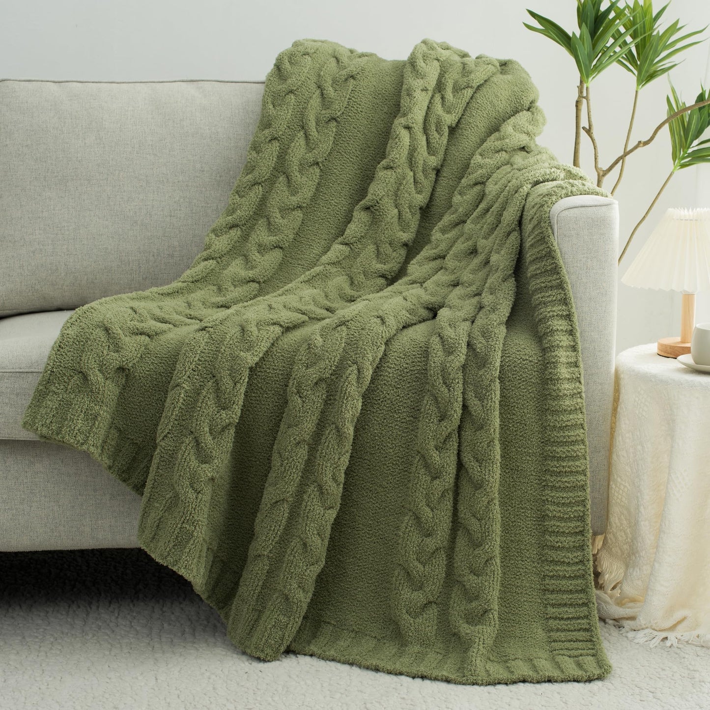 GINAMUSE Chunky Knit Blanket Super Soft Cable Fluffy Microfiber Cozy Warm Winter Blankets for Couch Sofa Bed Twin Size 60"X80" Olive Green