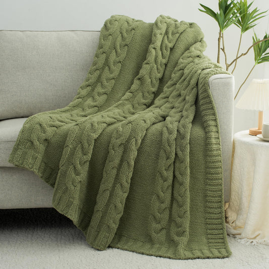 GINAMUSE Chunky Knit Blanket Super Soft Cable Fluffy Microfiber Cozy Warm Winter Blankets for Couch Sofa Bed Twin Size 60"X80" Olive Green