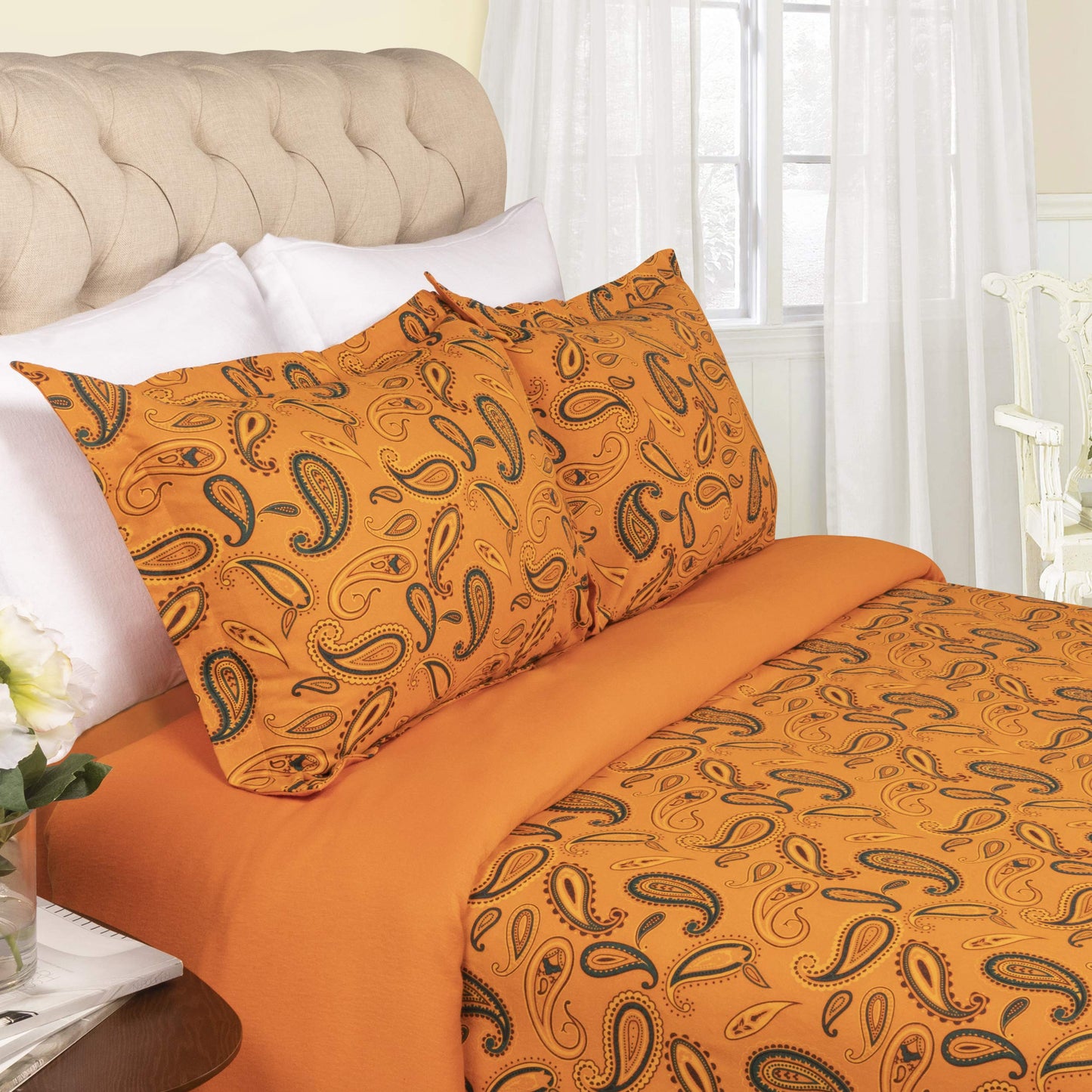 Superior Paisley Flannel Cotton Duvet Cover Set, Warm Fuzzy Comforter Cover, Cozy Soft Floral Bedding Essentials, Secure Button Closure, Includes 1 Duvet Cover, 2 Pillow Shams, Full/Queen, Pumpkin