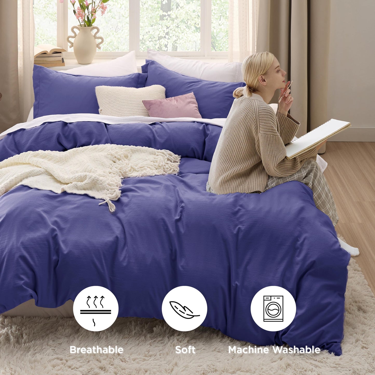 Bedsure Skipper Blue Duvet Cover Queen Size - 3 Pieces Prewashed Cotton-Like Polyester Extra Soft Bedding Set, Includes 1 Duvet Cover 90x90 Inches with Zipper Closure & 2 Pillow Shams, No Comforter