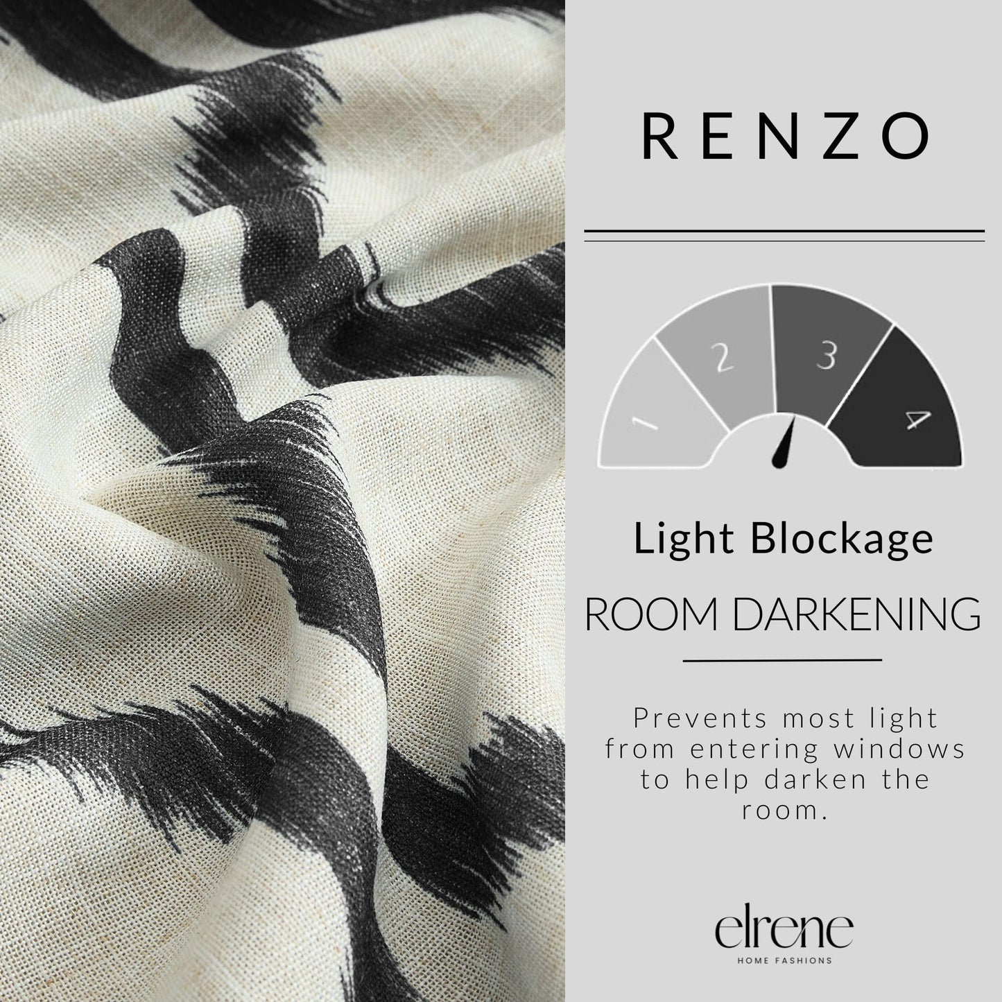 Elrene Home Fashions Renzo Ikat Geometric Room-Darkening Window Curtain, Living Room and Bedroom Drape with Grommets, 52"x84", 1 Panel, Black