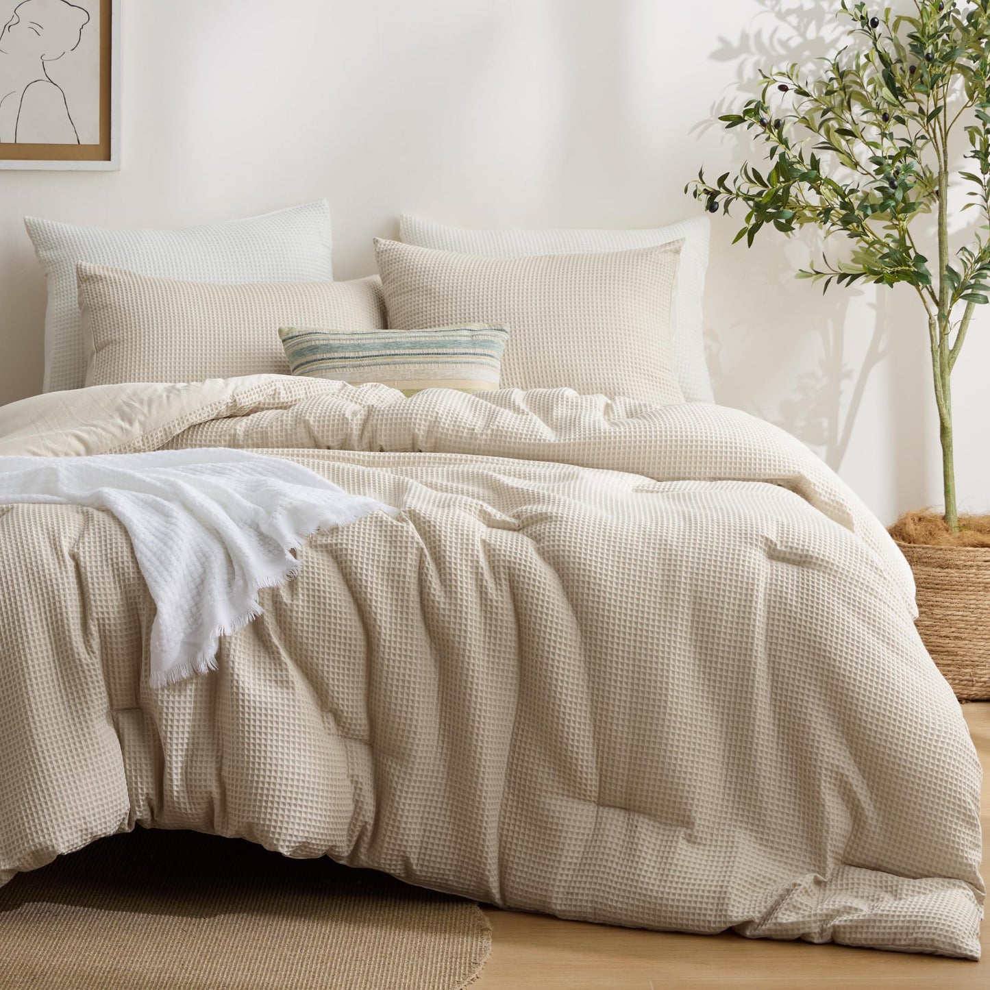 Bedsure Queen Bedding Comforter Set Beige, Waffle Breathable Bedding Set, All Season Comforter with 3 Pieces, 1 Waffle Weave Comforter (90"x90") and 2 Pillowcases (20"x26")