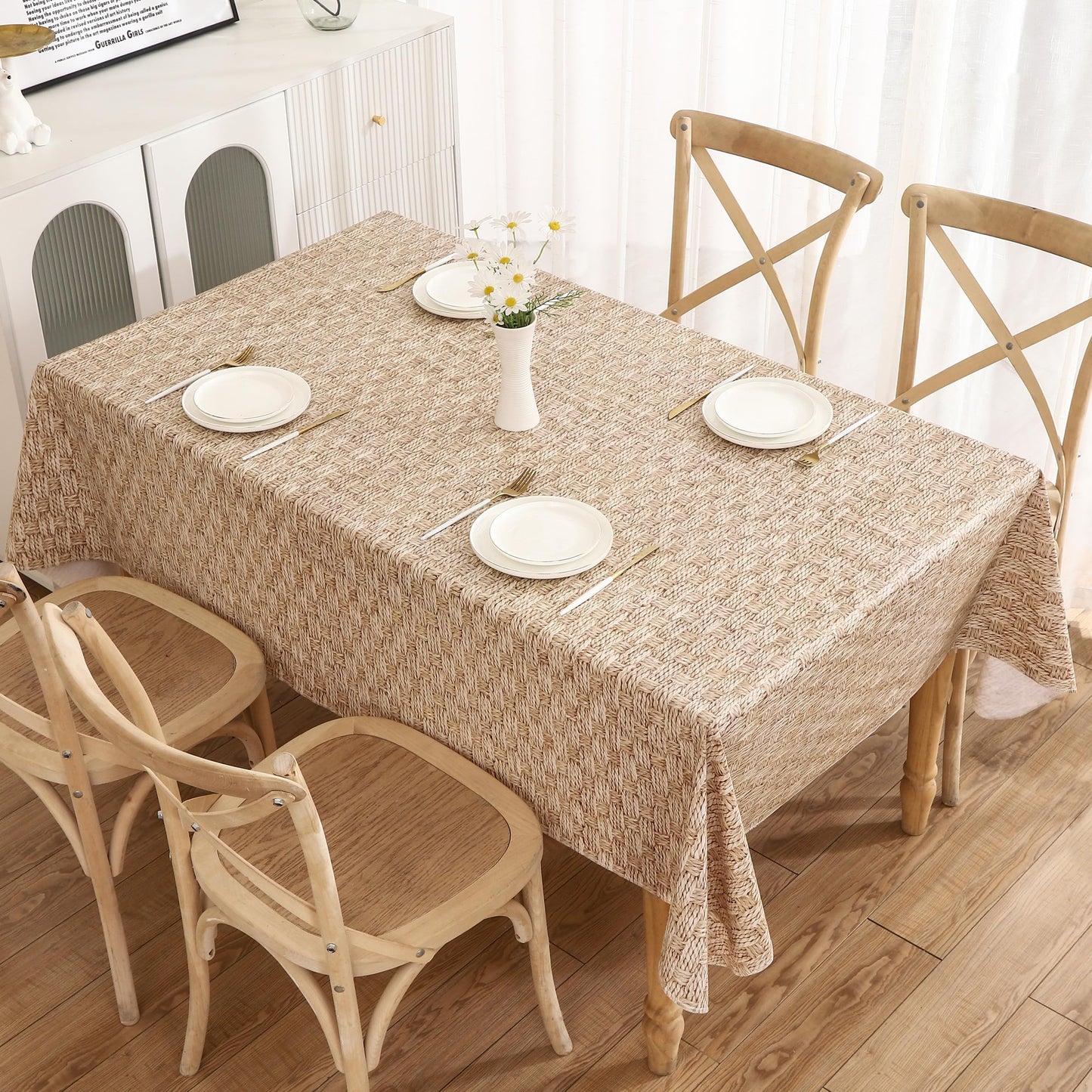 Walrus Heavy Duty Vinyl Tablecloth with Flannel Backing Waterproof Oil-Proof Plastic Table Cloth Stain-Resistant Wipeable Rectangle or Square Table Cover for Indoor and Outdoor (Weave, 54X54 Inch)