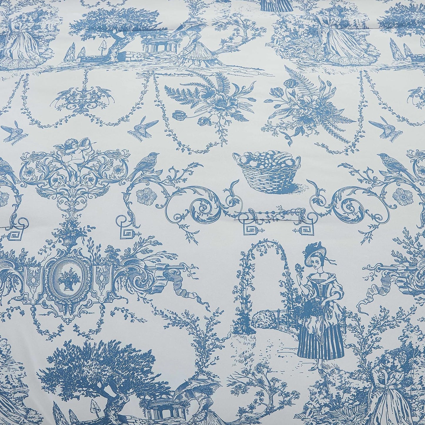 Blue Comforter Set Queen 7 Piece Bed in a Bag Toile de Jouy Botanical Comforter with Sheet Set Soft Micorfiber Bedding Set (1 Comforter,2 Pillow Shams,1 Flat Sheet,1 Fitted Sheet,2 Pillowcases)