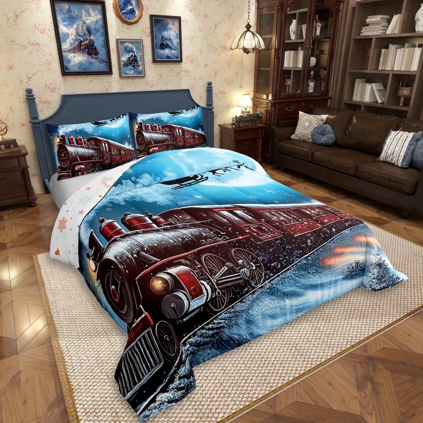 Erosebridal Kids Steam Train Comforter Set Twin,Christmas Santa Claus Deer Bedding Set Xmas Gifts for Boys Girls,Winter Snowflake Quilt Bed Set Vehicle Trains Bed Comforter Sets 2Pcs Room Decor