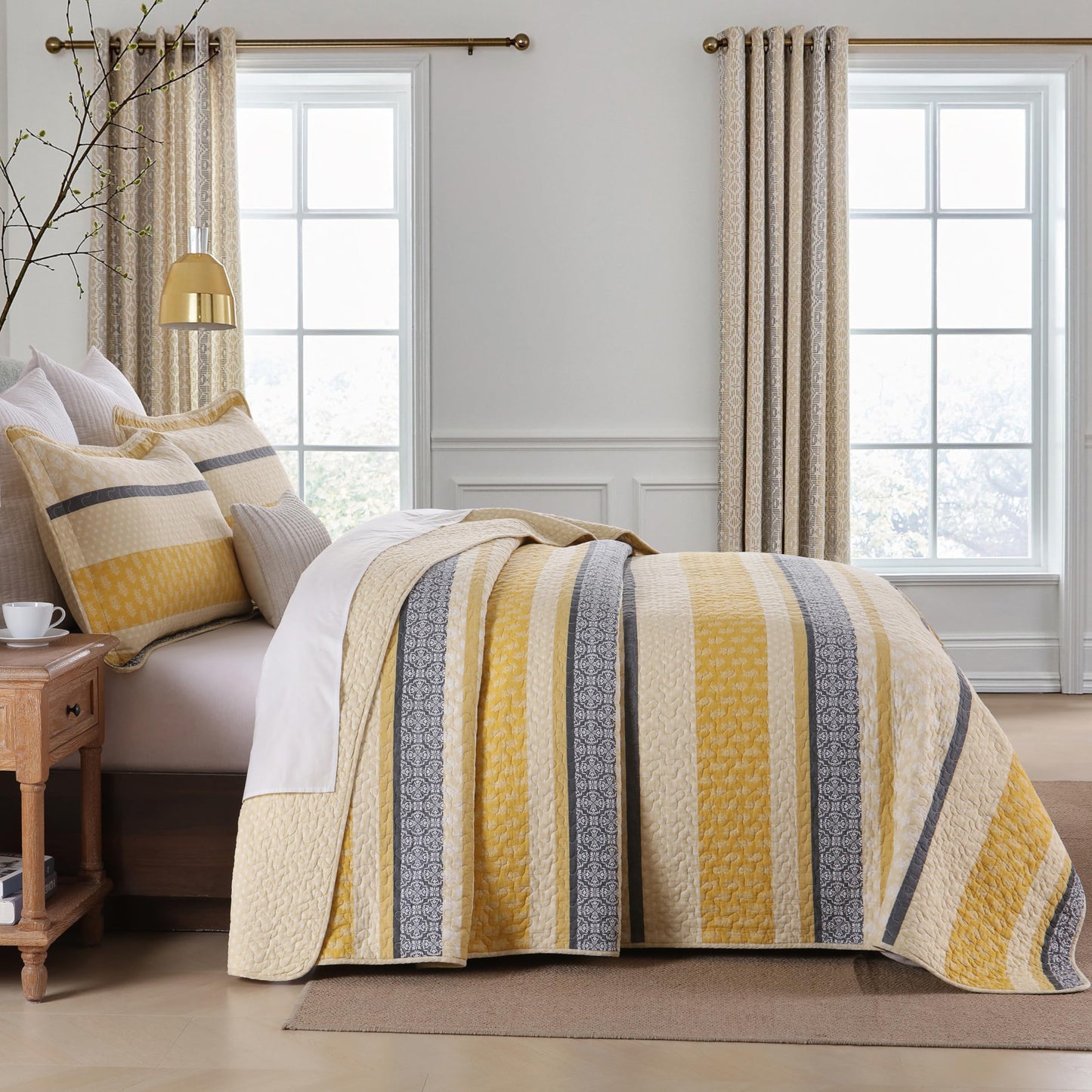Homzard Quilt Cotton Queen Quilt Bedding Set,Yellow Black Grey Queen Size Comforter Set,Striped Bedspread Queen Size, Lightweight Farmhouse Bed Set Cover All Season 3 Pieces