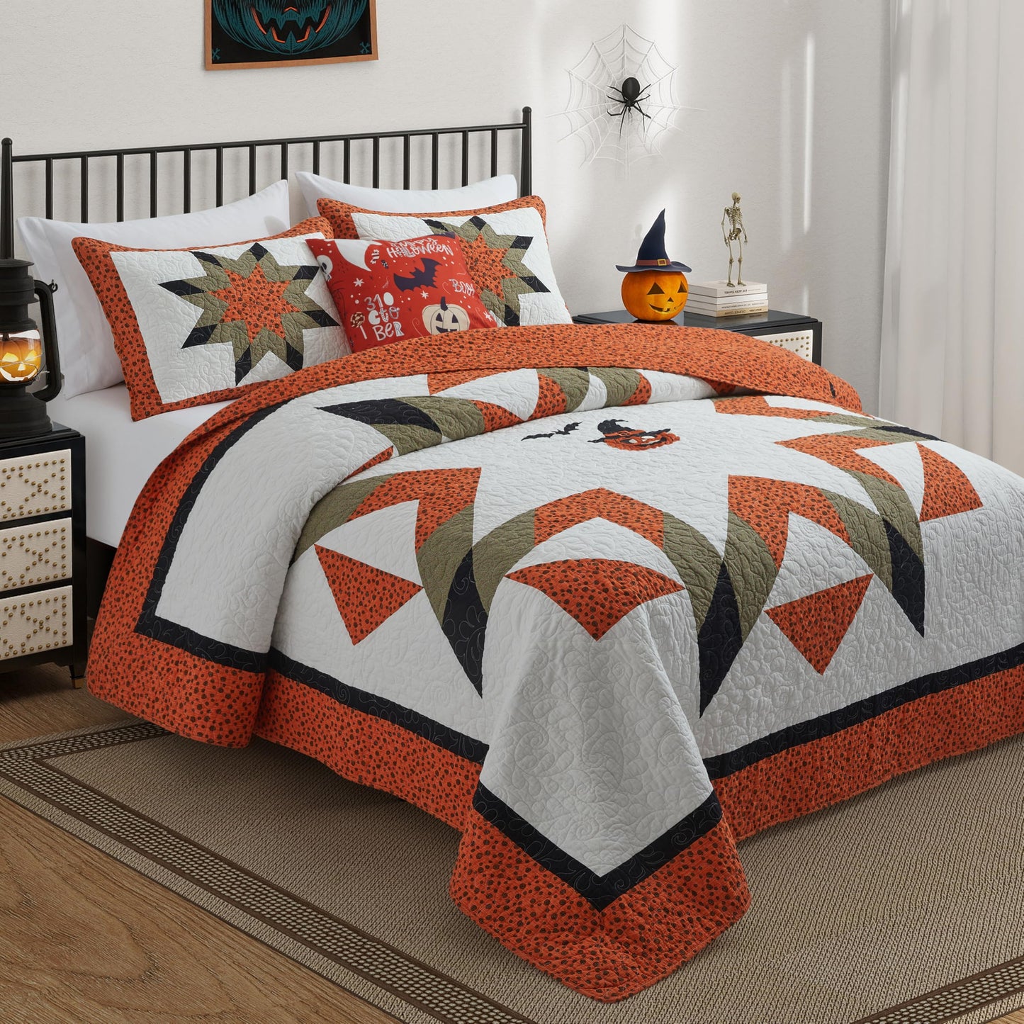 NELIFDER Halloween Quilt Queen Size Bedding Set 100% Cotton Embroidery Bats Pumpkin Festival Pattern Bedspread Real Patchwork Star 3 Peice Coverlet with 2 Pillow Shams 90"x90"