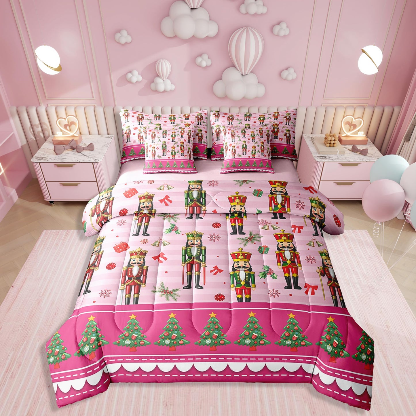 Erosebridal 7 Piece Christmas Nutcracker Kids Comforter Set King Bed in a Bag,Pink Christmas Bedding Set,Christmas Trees Bowknot Decor Sheets,Princess Magical Snowflake Duvet Insert Xmas Ornaments