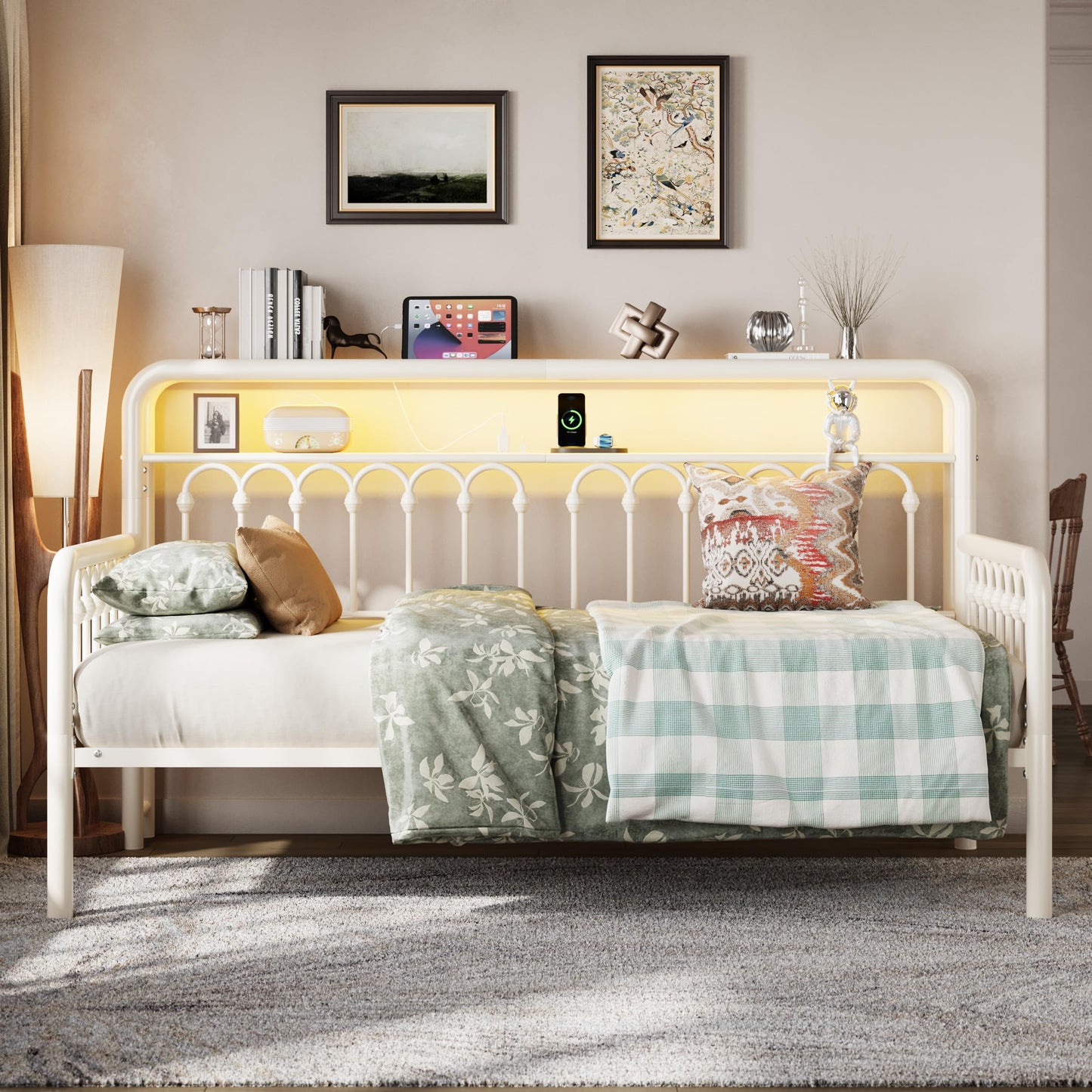 SHA CERLIN Twin Size Daybed, Metal Sofa Bed Frame with Double-Layer Storage Headboard, LED Lighting & USB Charging Ports, Steel Slat Support, White, for Living Room/Guest Room