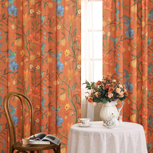 JOOJA Orange Floral Linen Curtains, Boho Whimsical Bird Print Curtains for Bedroom Window Colorful Patterned Sheer Curtains for Living Room Kitchen 2 Panels 84 Inches Long Terracotta