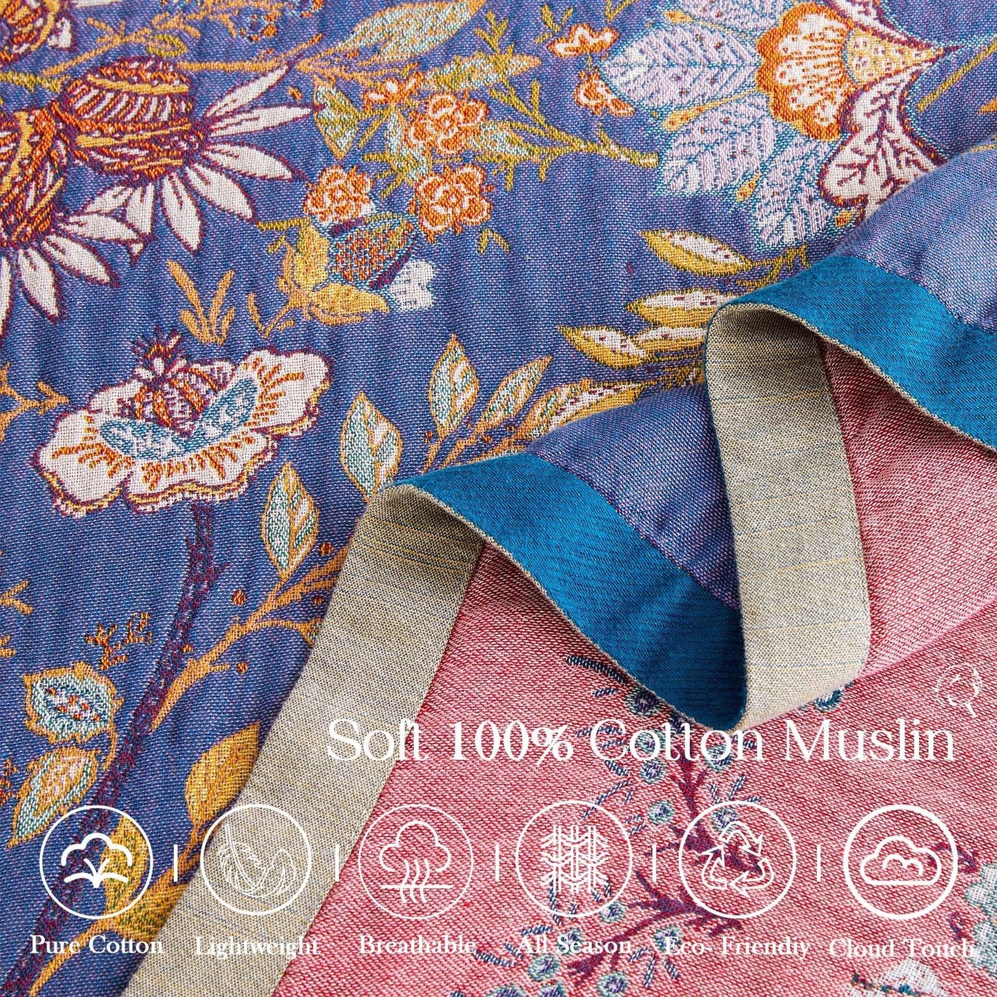 XIBLC Boho Blanket, 100% Cotton Farmhouse Decorative Throw Blanket, 60"x80" Reversible Bohemian Throw Blanket, Purple All Season Muslin Breathable Woven Blankets Quilt