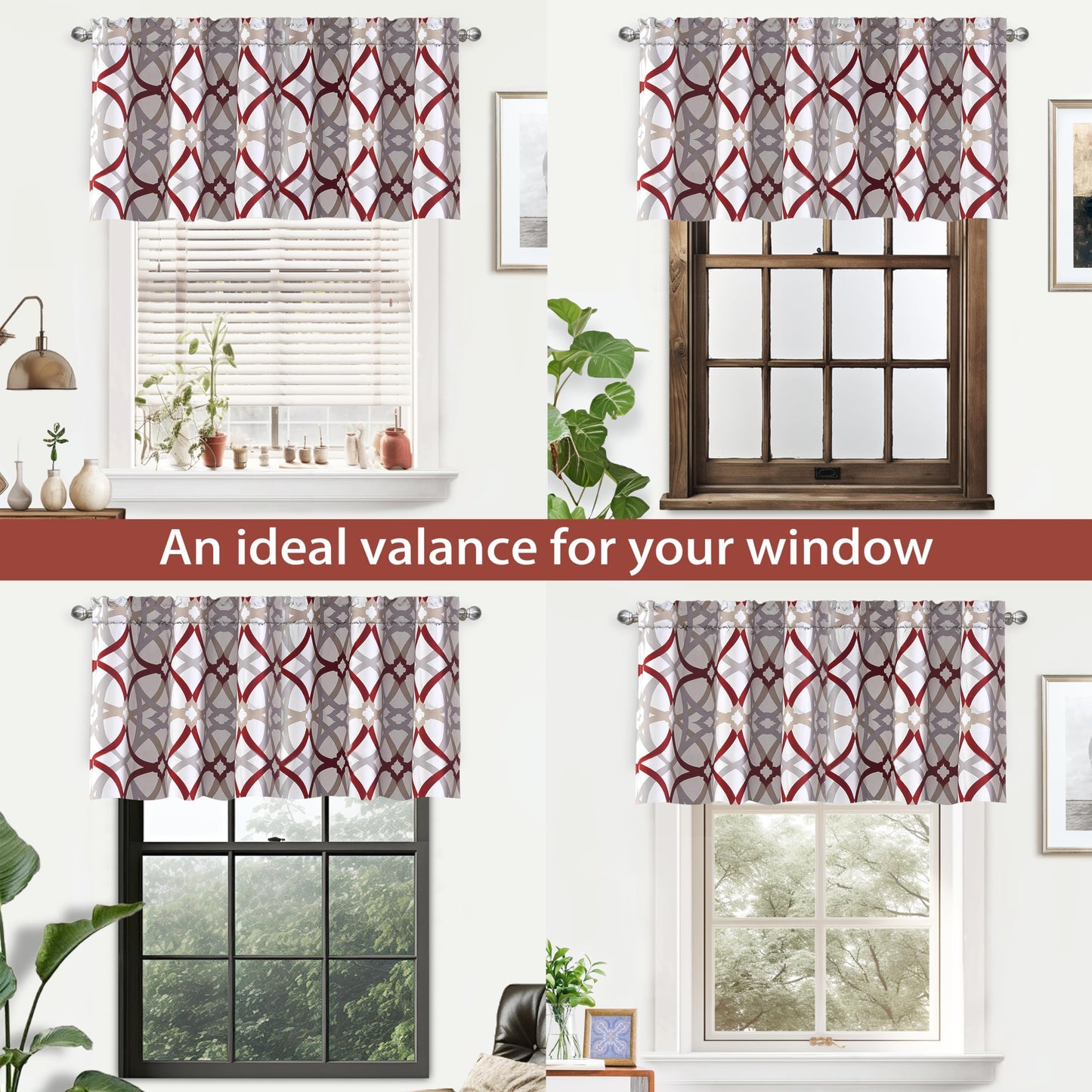 DriftAway Alexander Blackout Valances for Windows Thermal Insulated Kitchen Topper Geometric Moroccan Mid Century Pattern Match Thick Bathroom Curtain Valance Rod Pocket 52 Inch by 24 Inch Red/Gray