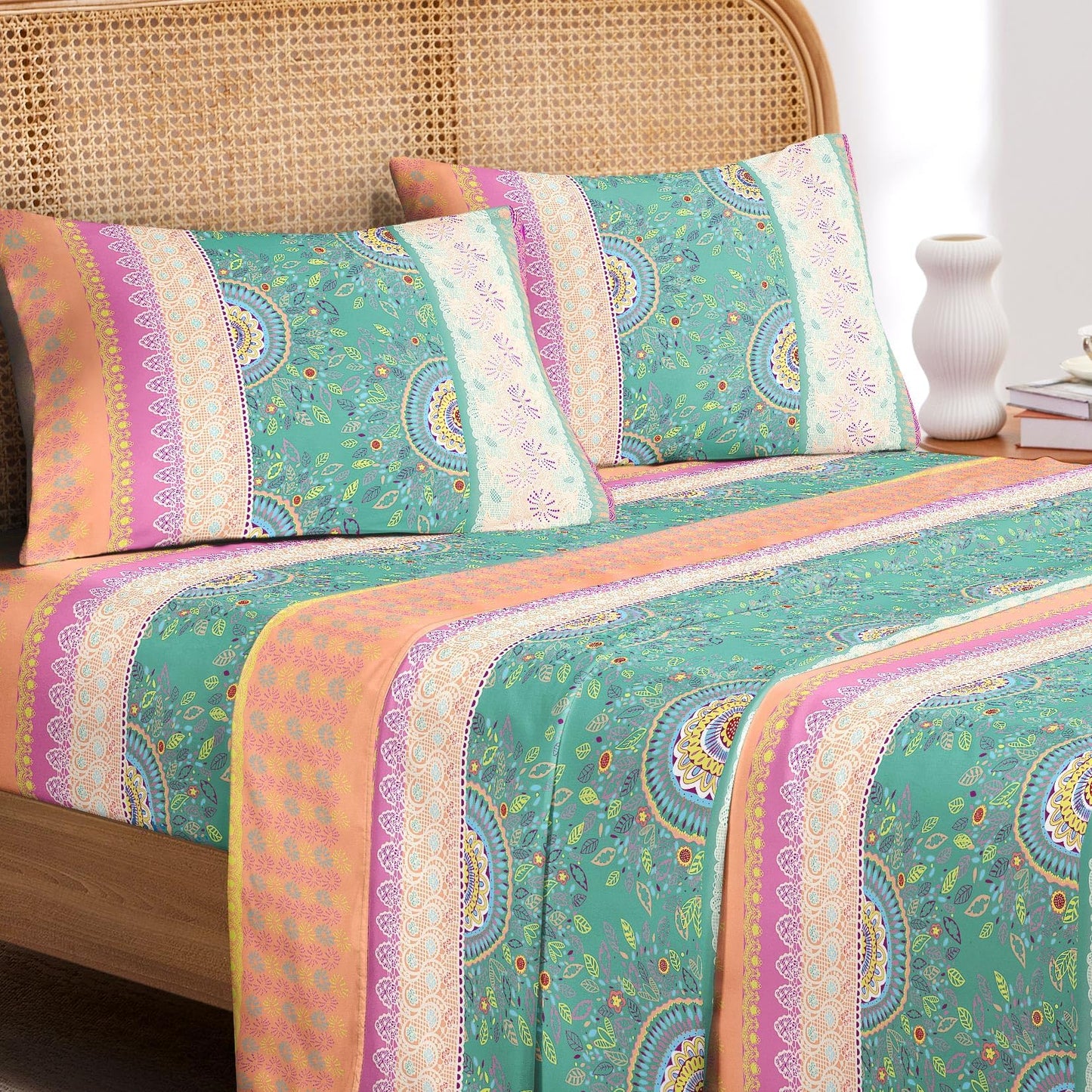 Wake In Cloud - Boho Bed Sheets, 4-Piece Sheet Set, Bohemian Chic Medallion Colorful Hippie Aesthetic Bedding, Deep Pocket, Orange Green, Queen Size