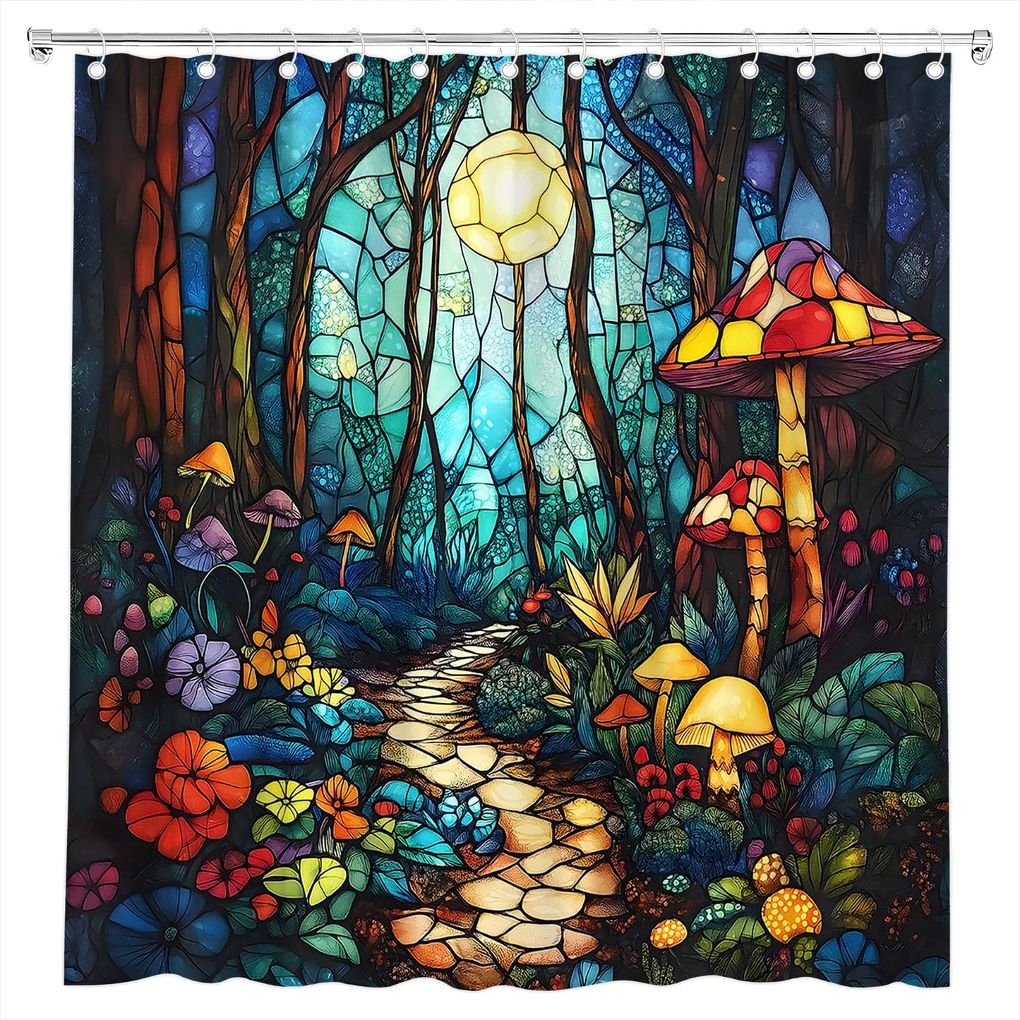 Fantasy Forest Shower Curtain Stained Glass Fairy Garden Mushroom Full Moon Wonderland Wood Tale Tree Magical Spring Floral Bath Curtain Fabric Bathroom Accessories Decor with Hooks (70.00"LX70.00"W)