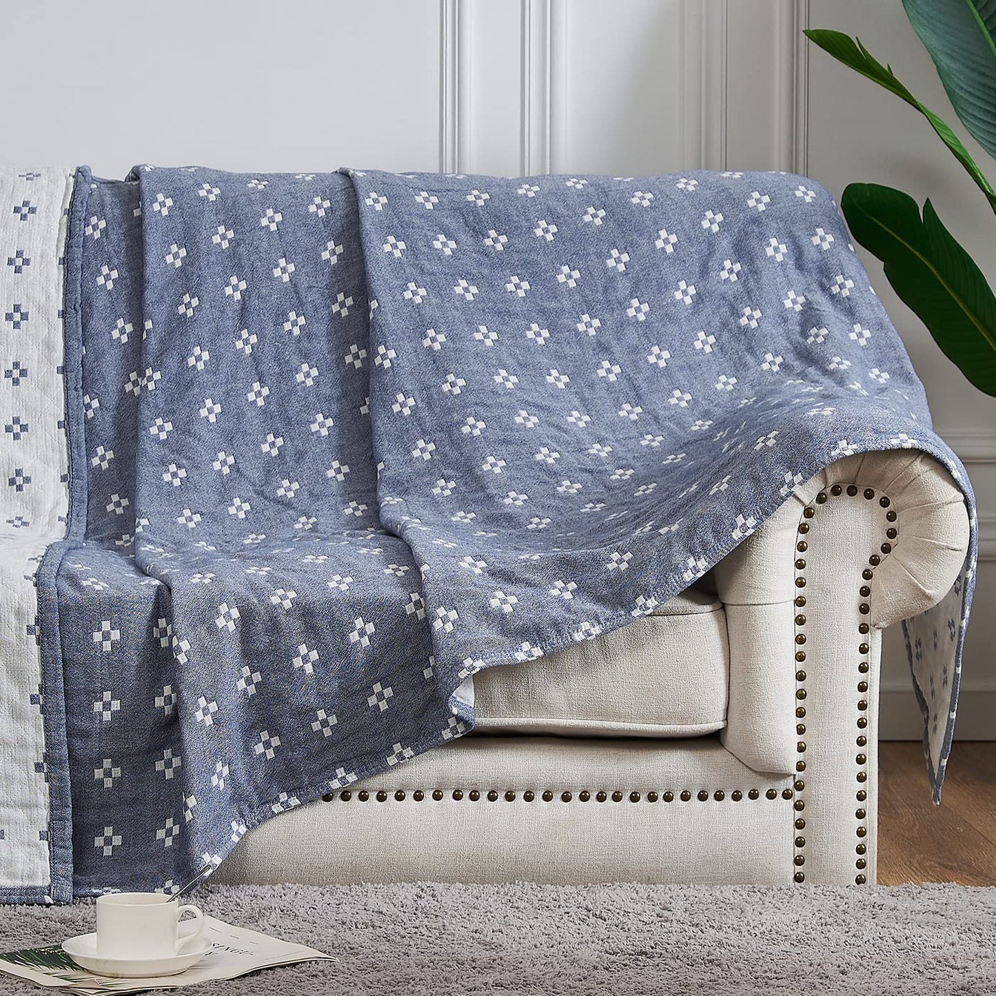 jinchan Boho 100% Cotton Blanket Muslin Twin Size 60x80 Inches Lightweight 3-Layer Geometric Cross Pattern Reversible Quilt Coverlet Throw Soft Breathable Comfy All Seasons for Couch Bed Decor, Blue