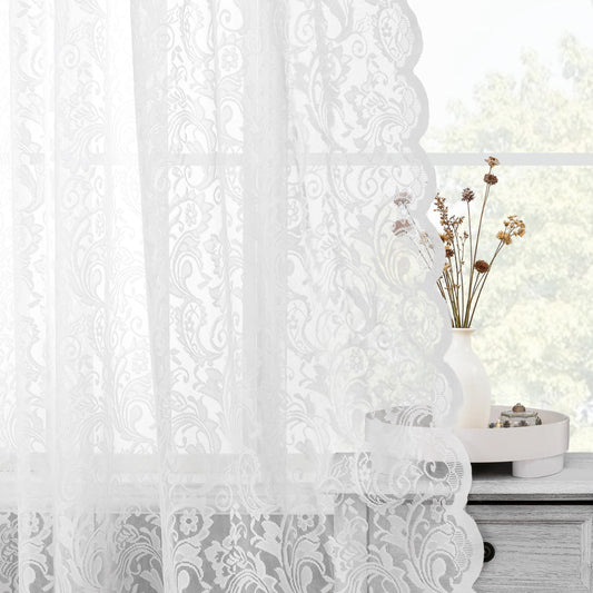 Bujasso White Lace Sheer Curtains 84 inch Vintage Floral Sheer Window Curtain Panels for Living Room Bedroom Light Filtering White Drapes Window Treatment Sets Rod Pocket 2 Panels 54" Wx84 L
