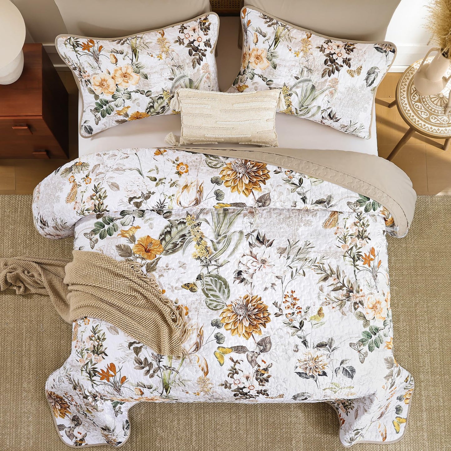 Anibedding Floral Quilt Set Queen Size,Brown Bontanical Quilt Queen Size,Garden Style Bedspread with Soft Lightweight Reversible Coverlet Set for All Season(96"x90")