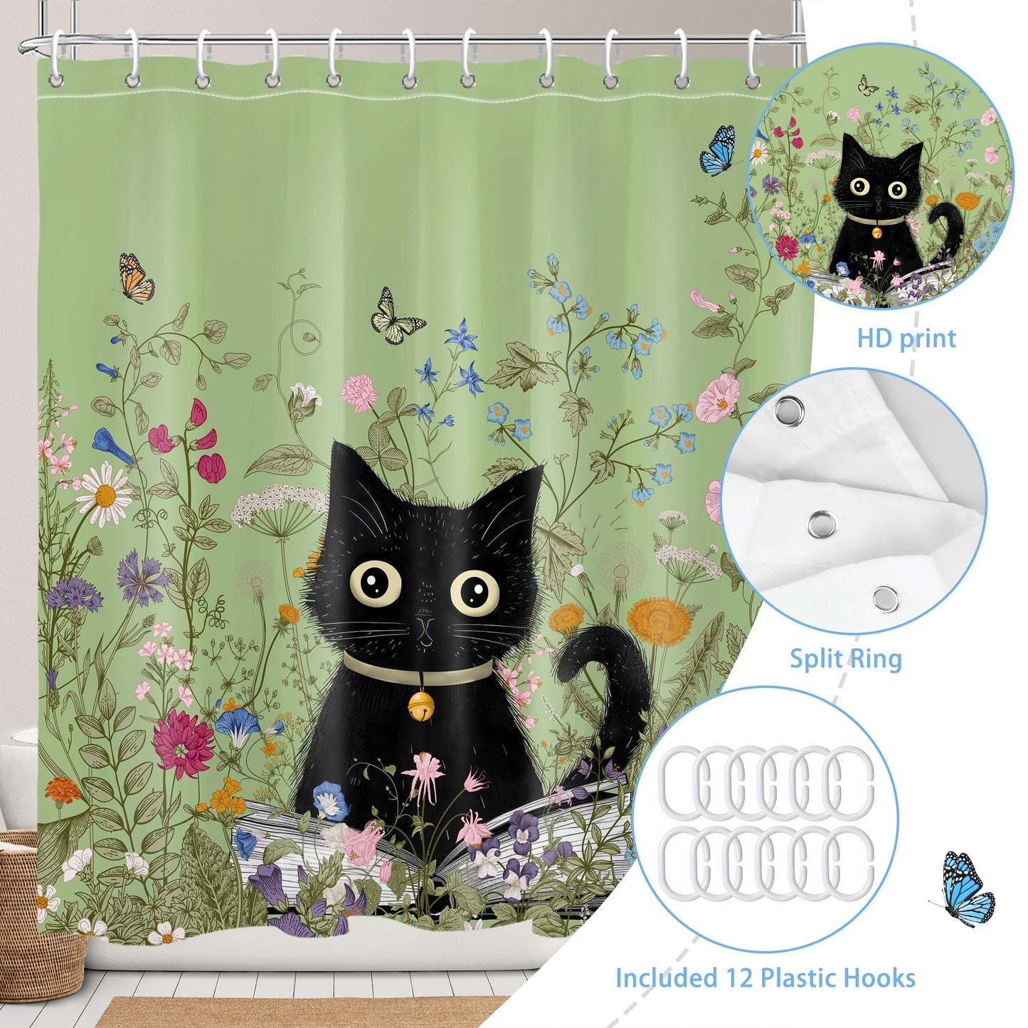Art_Angels Cute Cat Shower Curtain Wildflower Plant Shower Curtains for Bathroom Flower Butterfly Shower Curtain Set Polyester Waterproof Cloth Fabric with Hooks, 72x72 Inches, Green
