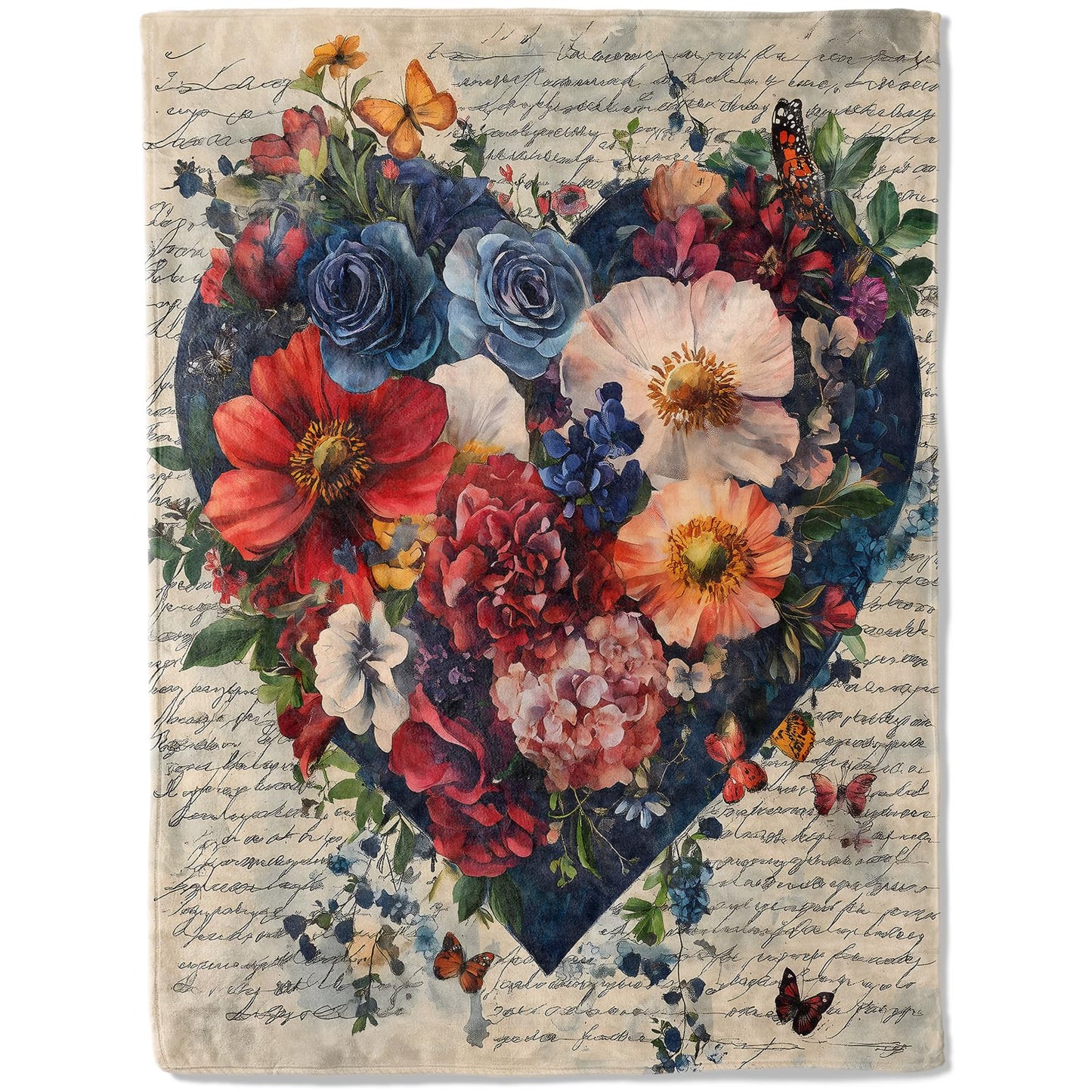 ainori Heart of Love Flannel Blanket - Romantic Floral with Lush Blooms and Words Throw - Soft Cozy Gifts Blankets for Flower Lovers & Kids Women, Romantic Romm Decor, and Elegant Home Accent 50x60in