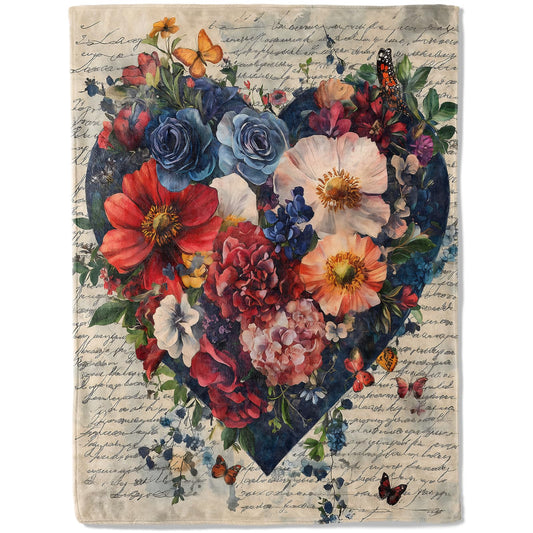 ainori Heart of Love Flannel Blanket - Romantic Floral with Lush Blooms and Words Throw - Soft Cozy Gifts Blankets for Flower Lovers & Kids Women, Romantic Romm Decor, and Elegant Home Accent 50x60in