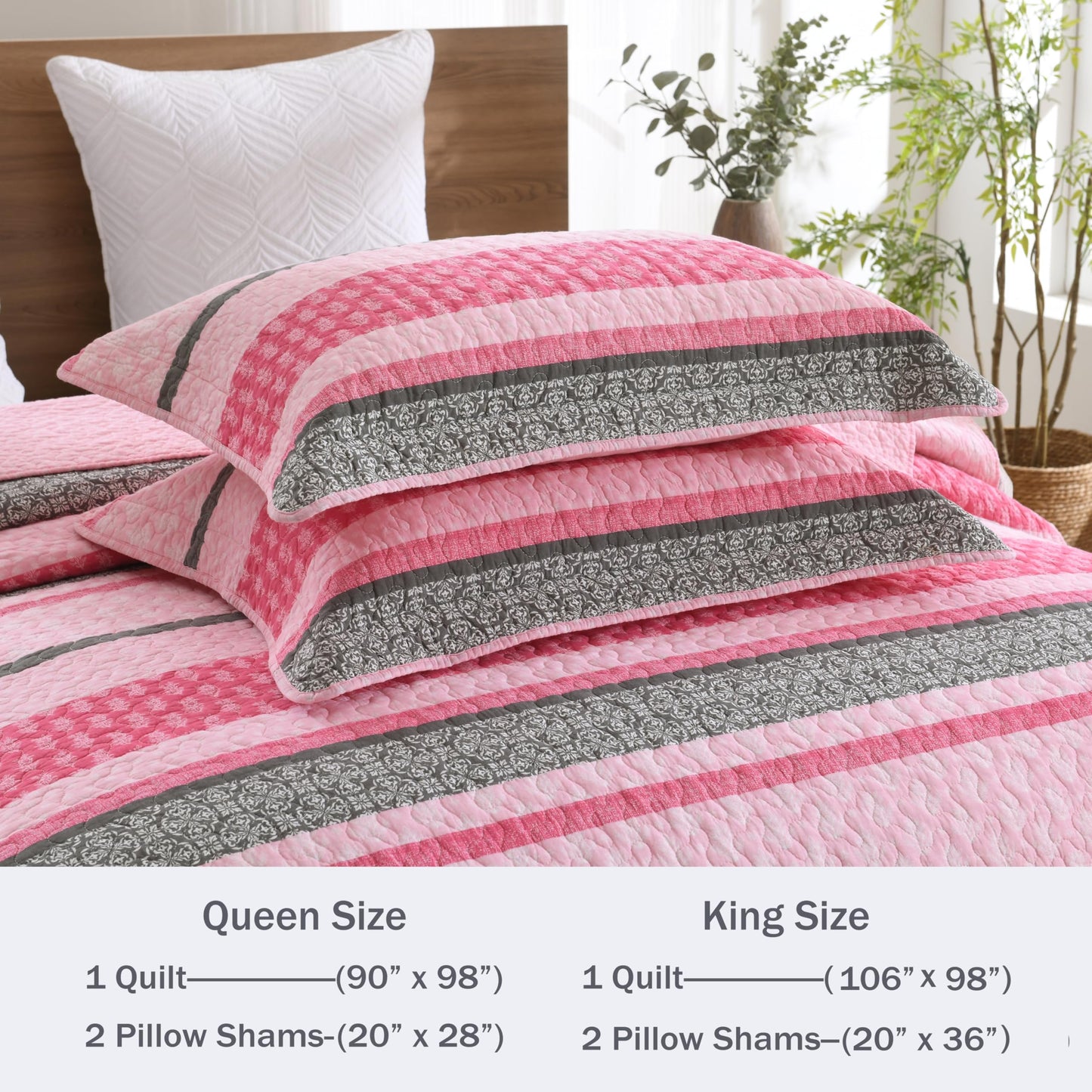 Homzard Quilts Queen Size, Cotton Comforter Set, Hot Pink Grey Queen Bed Set, Lightweight Striped Bedding, Farmhouse Bedspread All Season 3 Pieces