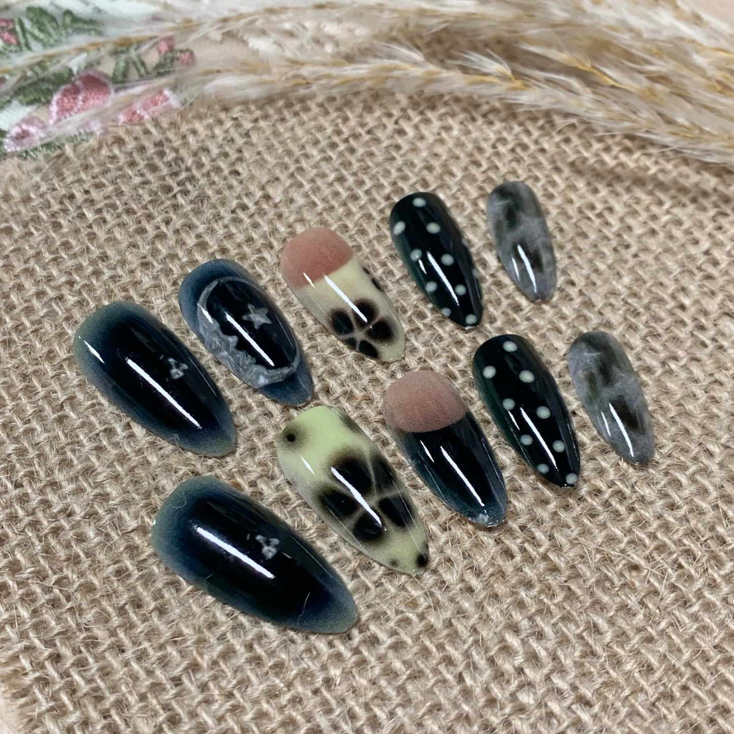 BABALAL Press on Nails Medium Almond Fake Nails Black Goth Glue ons Design Anime Flower Polka Dot Y2k Supplies Handmade Art 24Pcs Glossy Custom Full Cover Acrylic False Nails for Women Girls