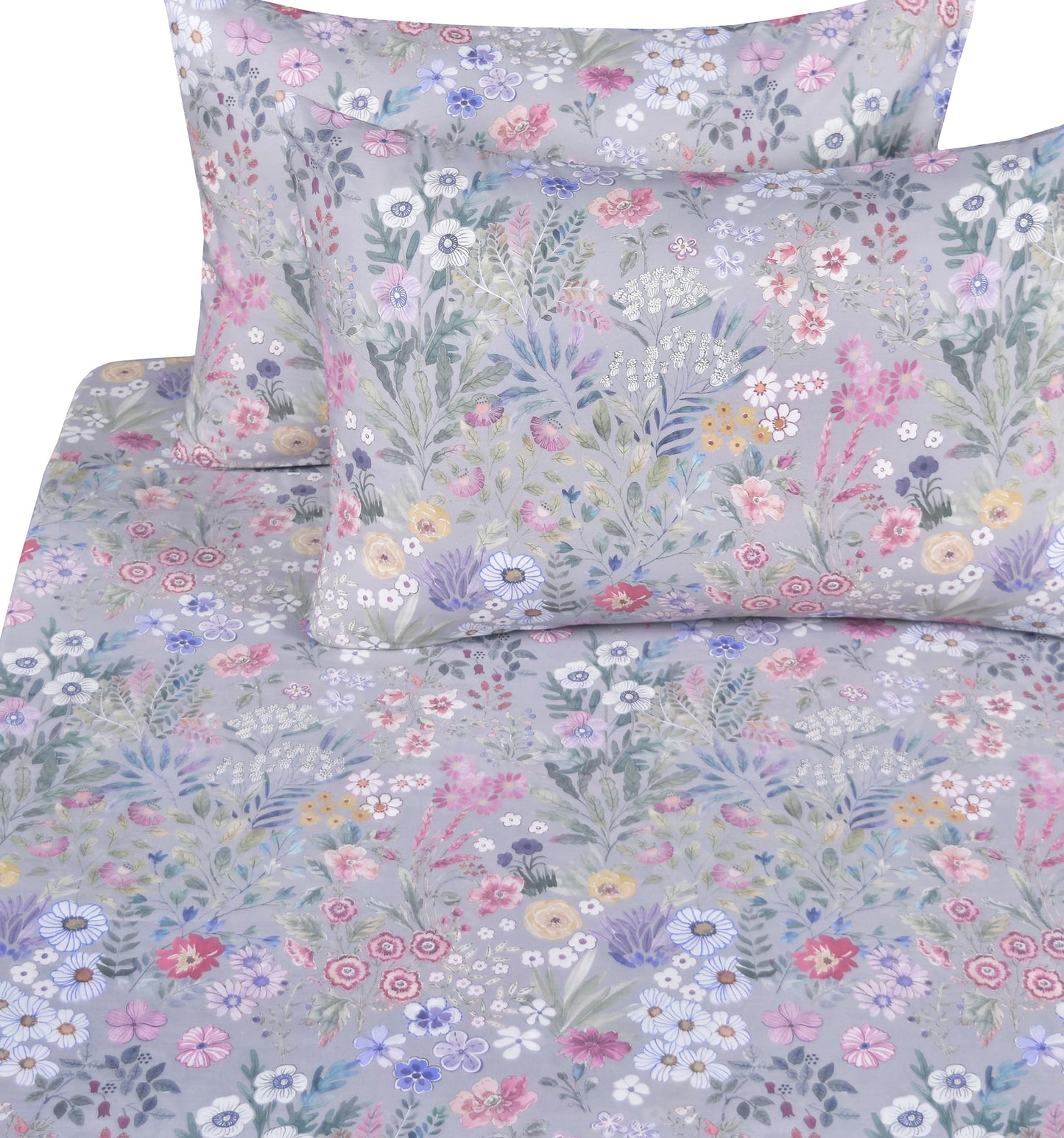 J-pinno Watercolor Flowers Elegant Grey Bloom Botanical Floral Wildflower Aesthetic Cute Sheet Set for Kids Girls Teens 100% Cotton Flat Sheet + Fitted Sheet + Pillowcase Bedding (Flower Garden, Full)