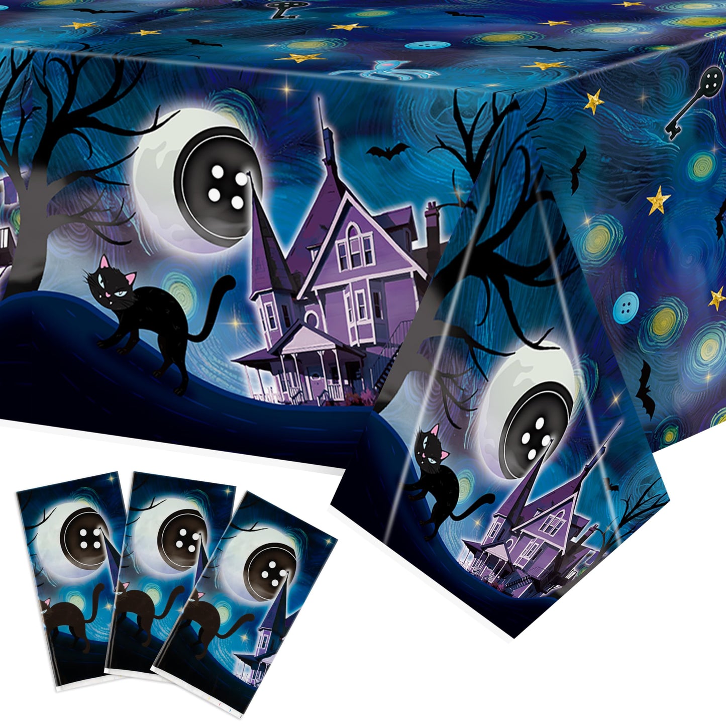 Andi Cppss Starry Night Plastic Tablecloth - 3PCS Starry Night Halloween Table Cover Black Cat Button Eyes Print Plastic Disposable Rectangle Table Cover for Kid Birthday Party Supply (51.2x86.6 Inch)