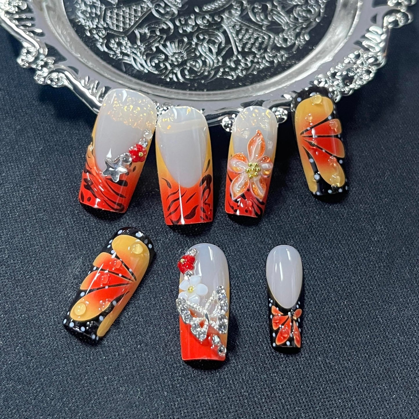 MERVF Press on Nails Long Square, Orange Black French Tip Fake Nails, 3D Flower Butterfly Glue ons Charms Acrylic Nail Ombre Design Glossy 24pcs