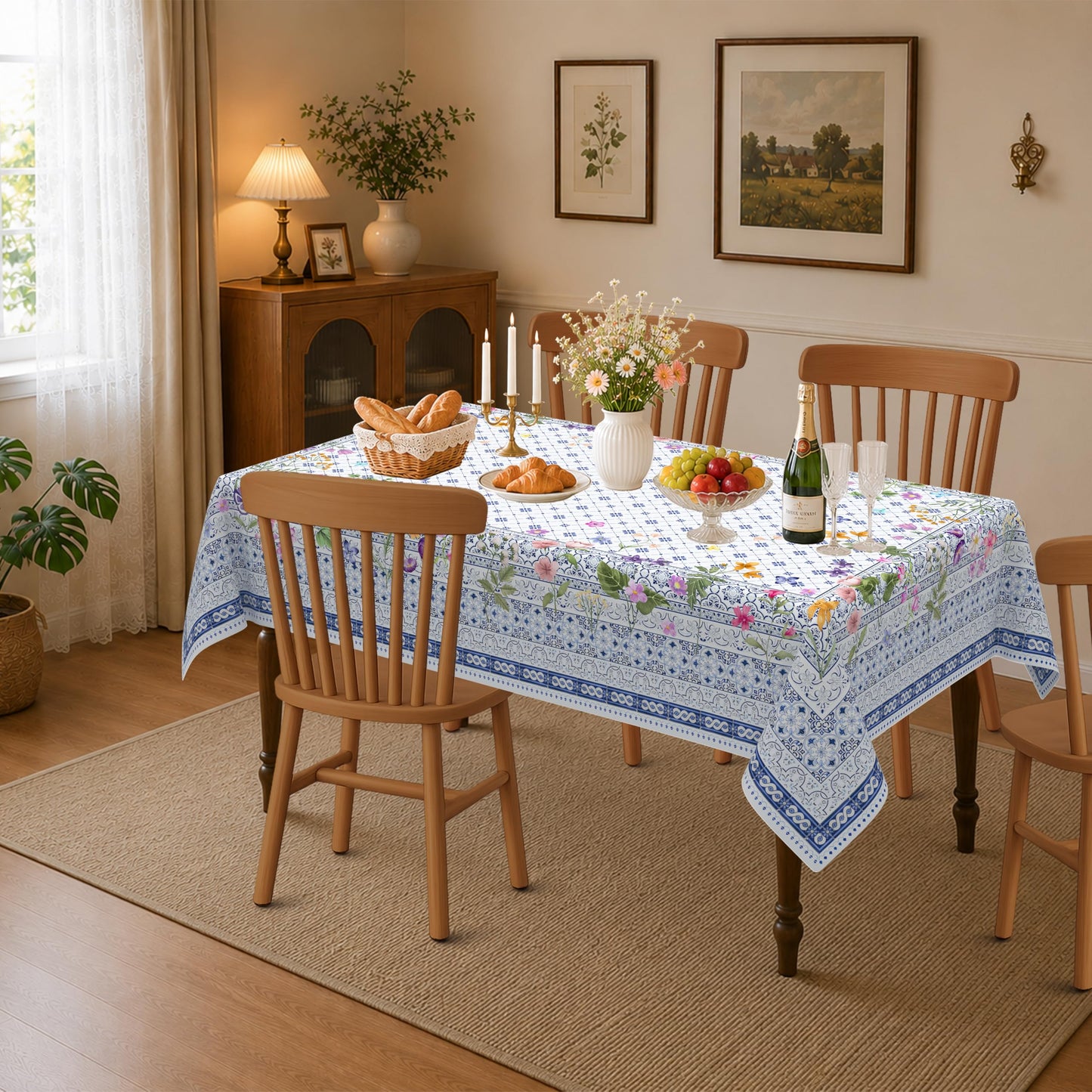 Viyeneyo Rectangle Tablecloth 60x102 Inch, French Toile Floral Table Cloth