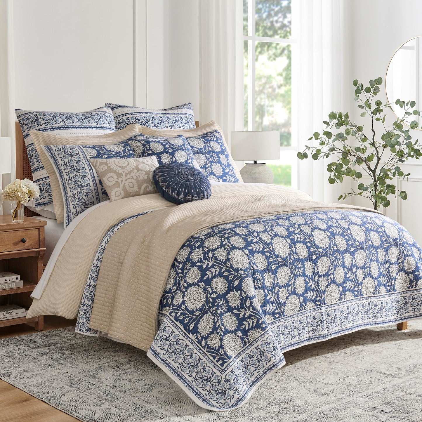 Levtex Home Adare Denim Reversible King/Cal King Quilt Set (106x92in) with 2 Pillow Shams (36x20in) - Floral Bedding - Blue White - Cotton King Size Quilt Bedding Set - Lightweight, Soft, Pre-Washed