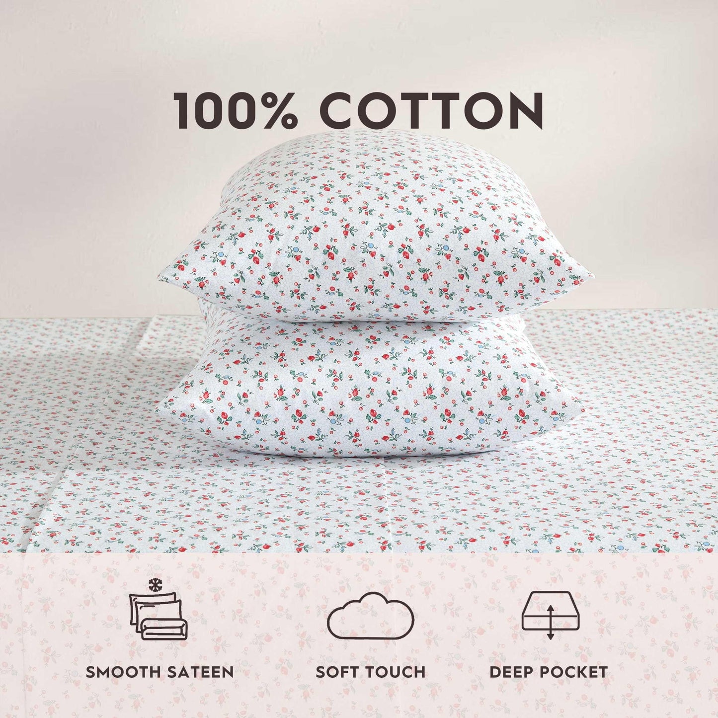 Laura Ashley – Twin Size Sheet Set, Crisp & Lightweight Cotton Percale Bedding with Fitted Sheet and Pillowcase, Floral Room Decor, Deep Pocket, College Dorm Room Essentials (Aylesmore Ditsy Red)