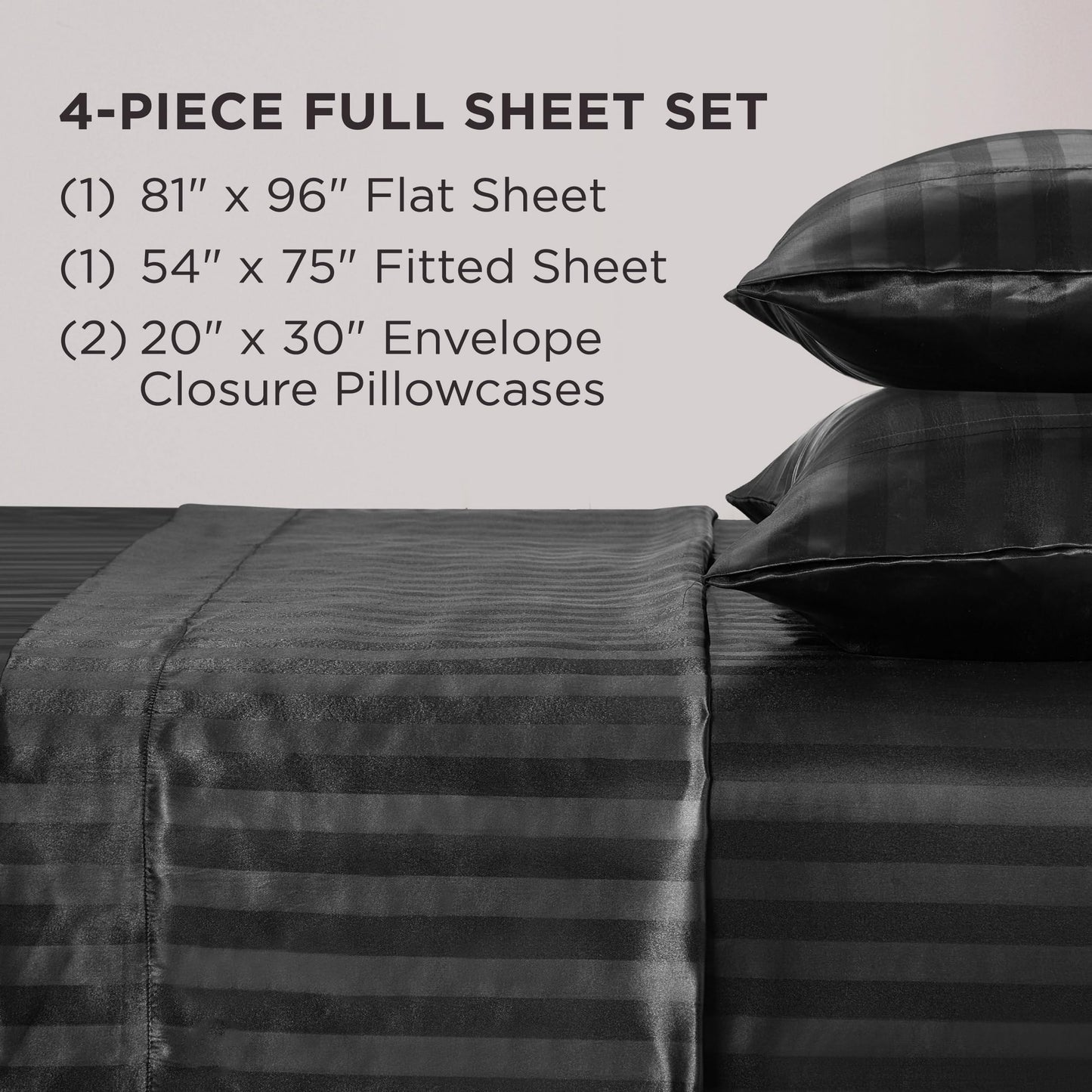 Juicy Couture Silky Satin Damask Sheet Set - Luxury Black Bedding - Smooth Striped Sheets - Full Size