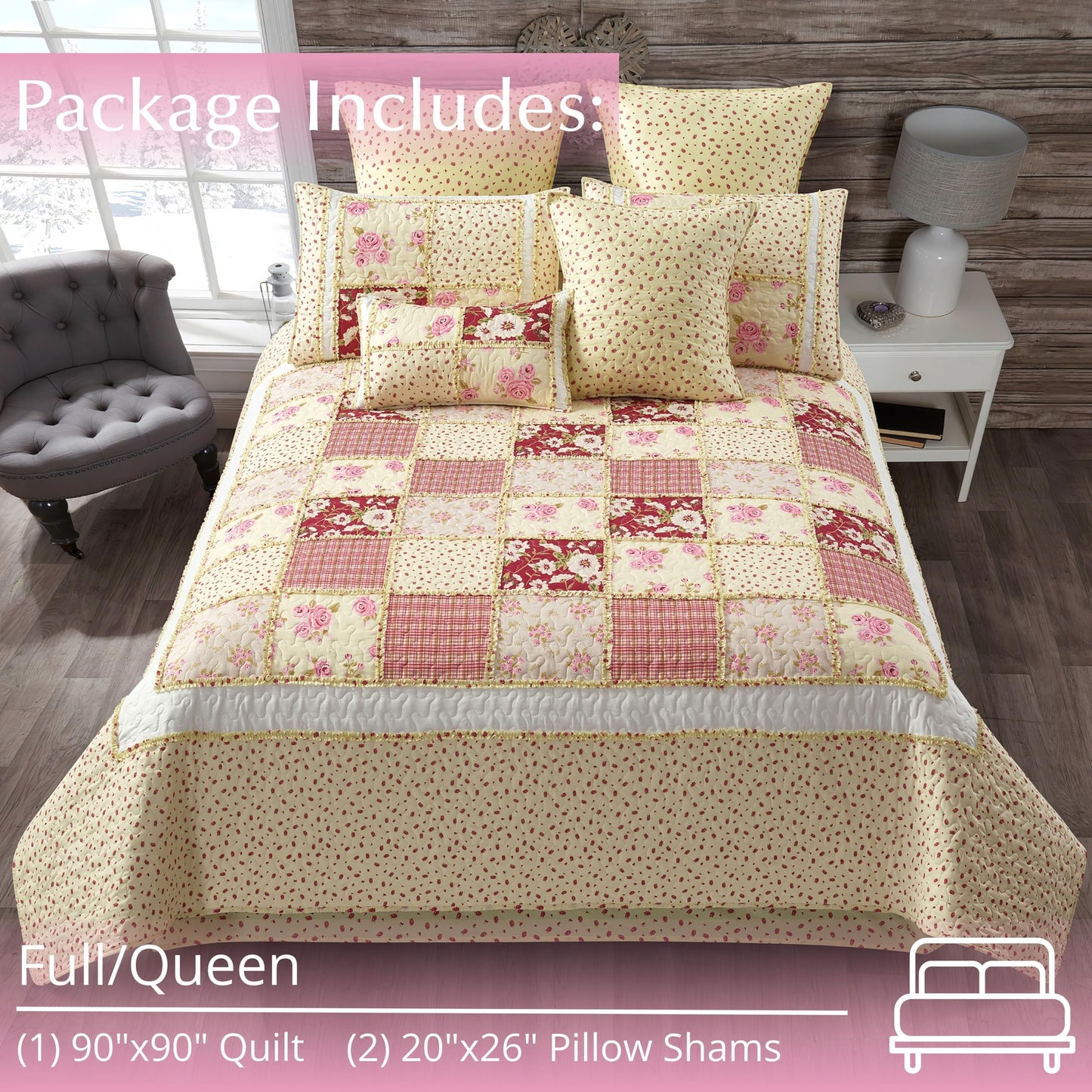 Virah Bella 3 Piece Full/Queen Lodge Quilt Bedding Set - Rustic Country Reversible Comforter Set with Decorative Pillow Shams - Kensington Floral