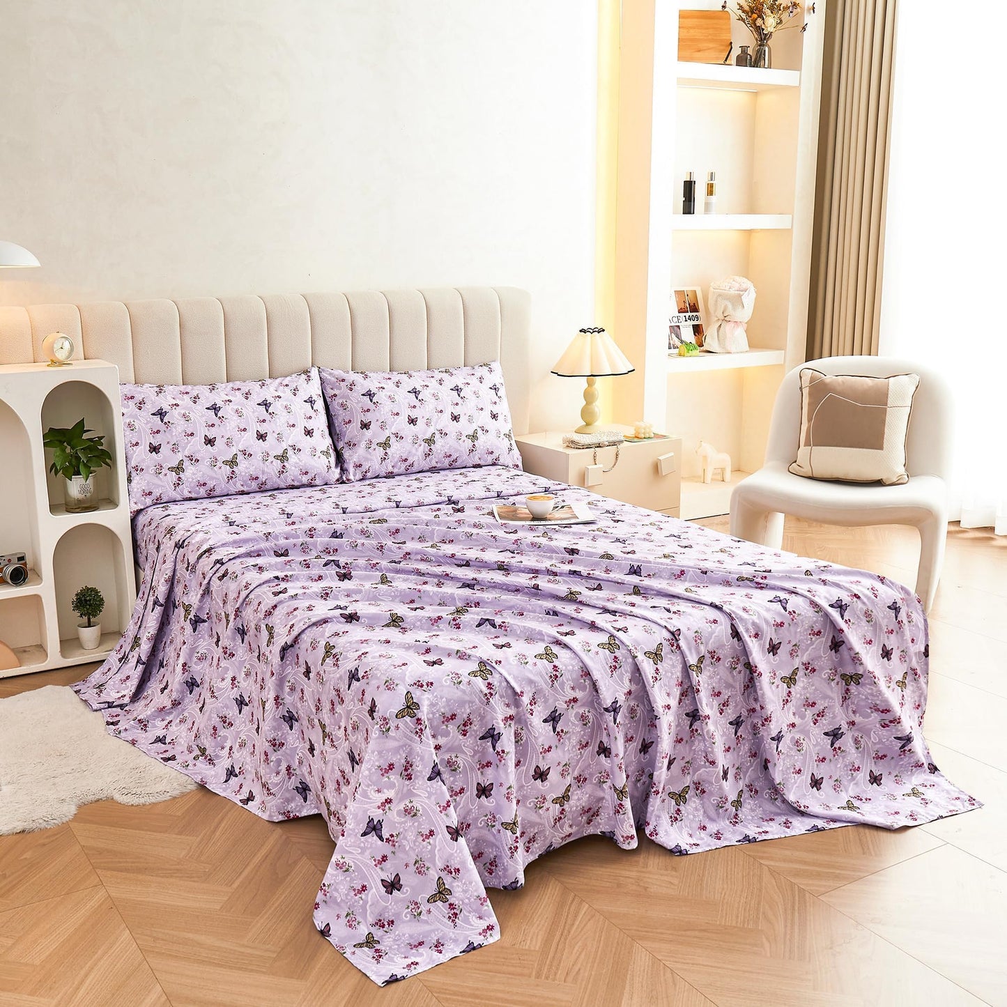 Paisley Floral Bed Sheets Queen Set, Purple Flower Printed Sheets for Queen Size Bed, Microfiber Fitted Sheet with 15" Deep Pocket and Corner Straps, Butterfly Patterned Sheet & Pillowcase Sets