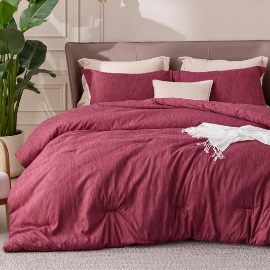 Bedsure Queen Comforter Set - Dark Red Comforter Queen Size, Soft Bedding for All Seasons, Cationic Dyed Bedding Set, 3 Pieces, 1 Comforter (90"x90") and 2 Pillow Shams (20"x26"+2")
