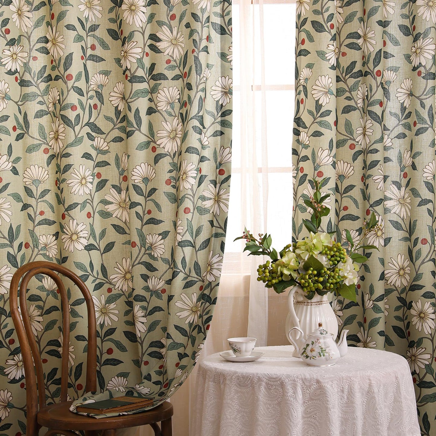 ISAENNE Designer French Green Linen Printed Curtain,2 Panels,63"x53"-Brune