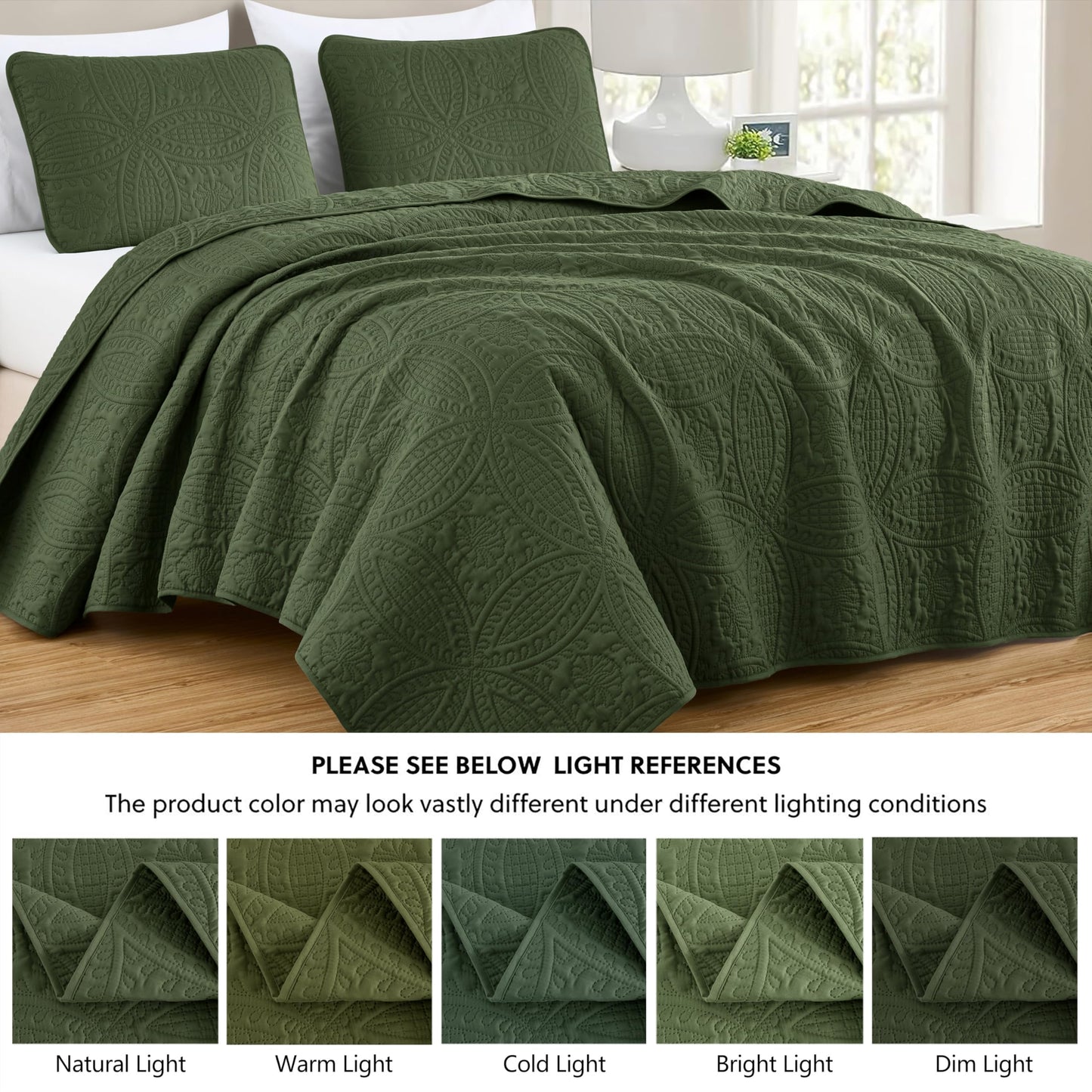 Chezmoi Collection Austin King Oversized Bedspread Set, 3-Piece Pinsonic Quilted Lightweight Microfiber Bedspread Coverlet, Olive Green