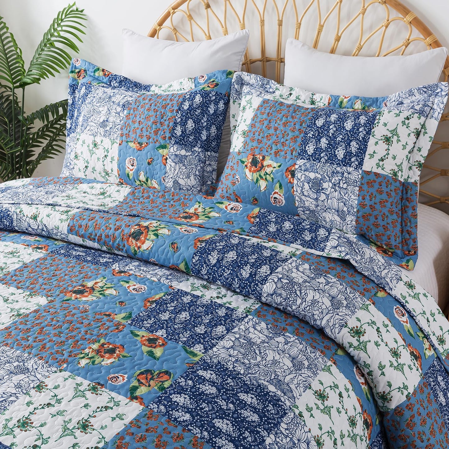 BEDIFANY Quilts Queen Size Bedding Set - Cotton-Filled Lightweight Bedspreads Queen Size (90 x 98 inch) with Garden Pattern - Reversible Farmhouse Queen Quilt Bedding Sets for Decorations, 3 Pieces