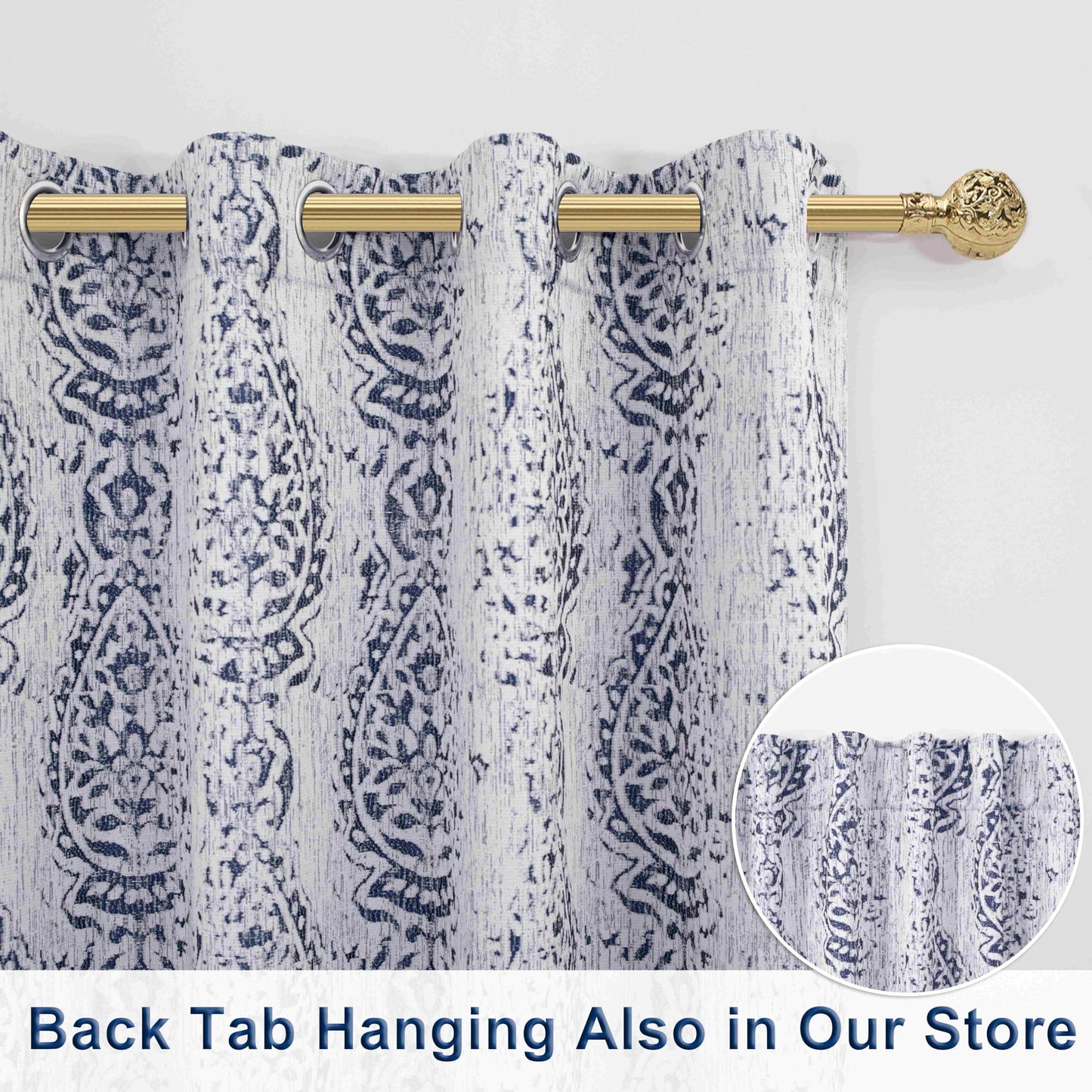 84 Inch Length Navy Blue Pattern Curtains for Living Room 2 Panel Set Grommet Damask Medallion Print Textured Grey Cream White Jacquard 50% Blackout Darkening Window Curtain Drapes for Bedroom