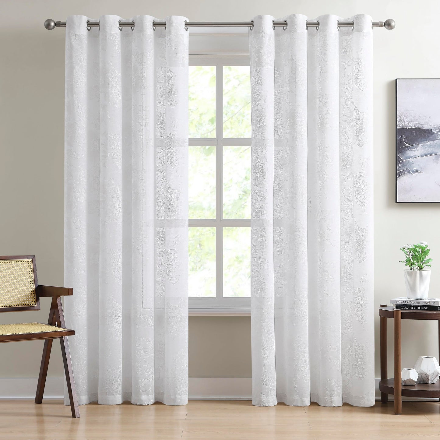 FL White 63 Inch Sheer Floral Curtains - Modern Farmhouse, Embroidered Flower Pattern for Country or French Decor
