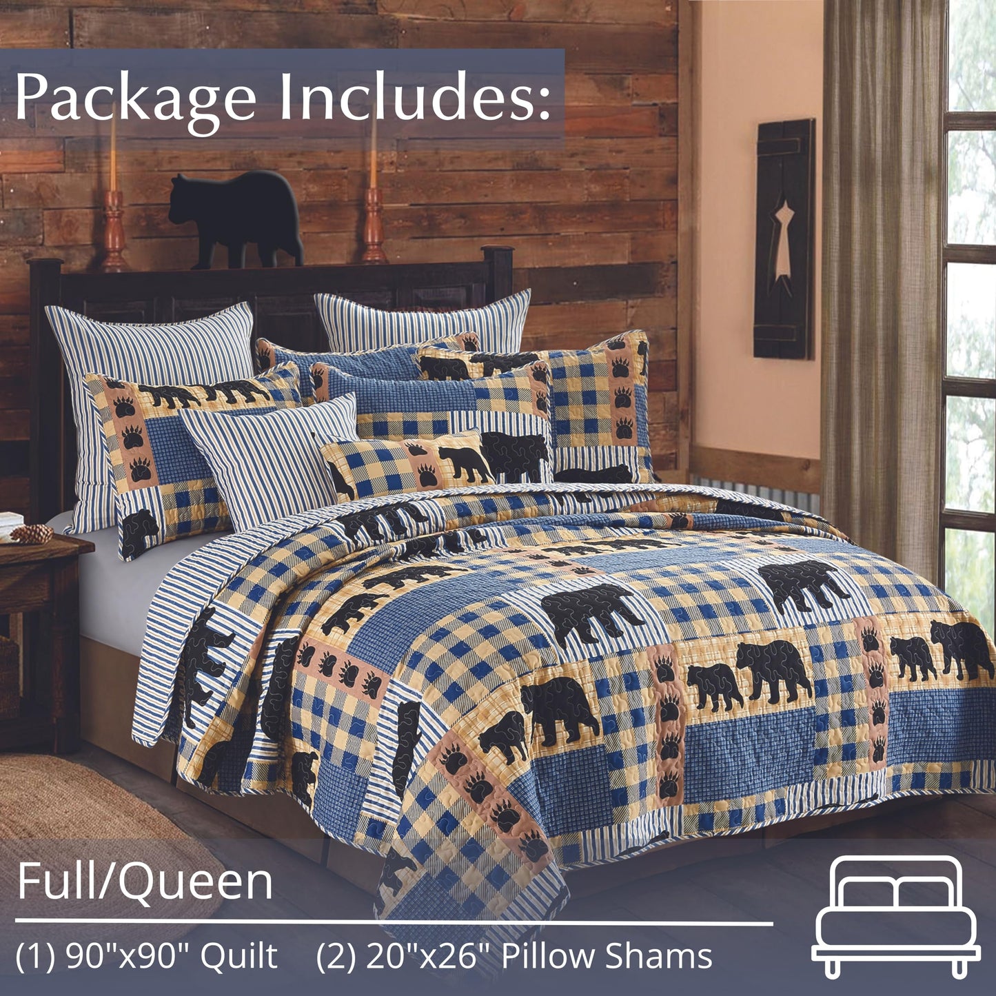 Virah Bella 3 Piece Queen Lodge Quilt Bedding Set - Black Bear Plaid - Rustic Cabin Country Reversible Camping Comforter Set with Decorative Pillow Shams, Blue/Black