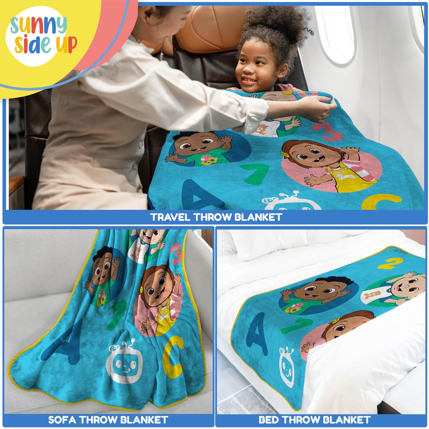Sunny Side Up CoComelon Toddler Blanket 40x50 Inches Plush Throw for Kids Travel, Soft Microfiber Fleece, Machine Washable, Breathable, Lightweight for Daycare Nap Sofa Camping