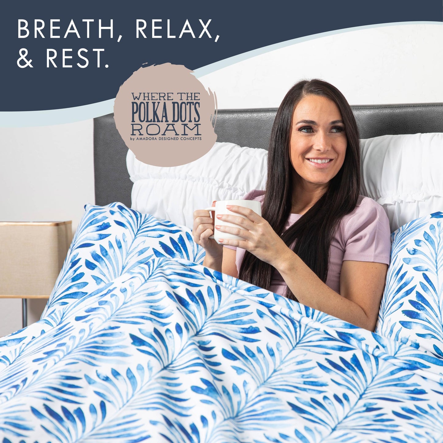 Where The Polka Dots Roam Blue Indigo Palms Floral Bedsheet Queen Size, Super Soft Wrinkle Resistant Tropical Leaves Pattern Bedding Set, Vibrant Solid Print All-Season Bed Sheets for Girls, Teens