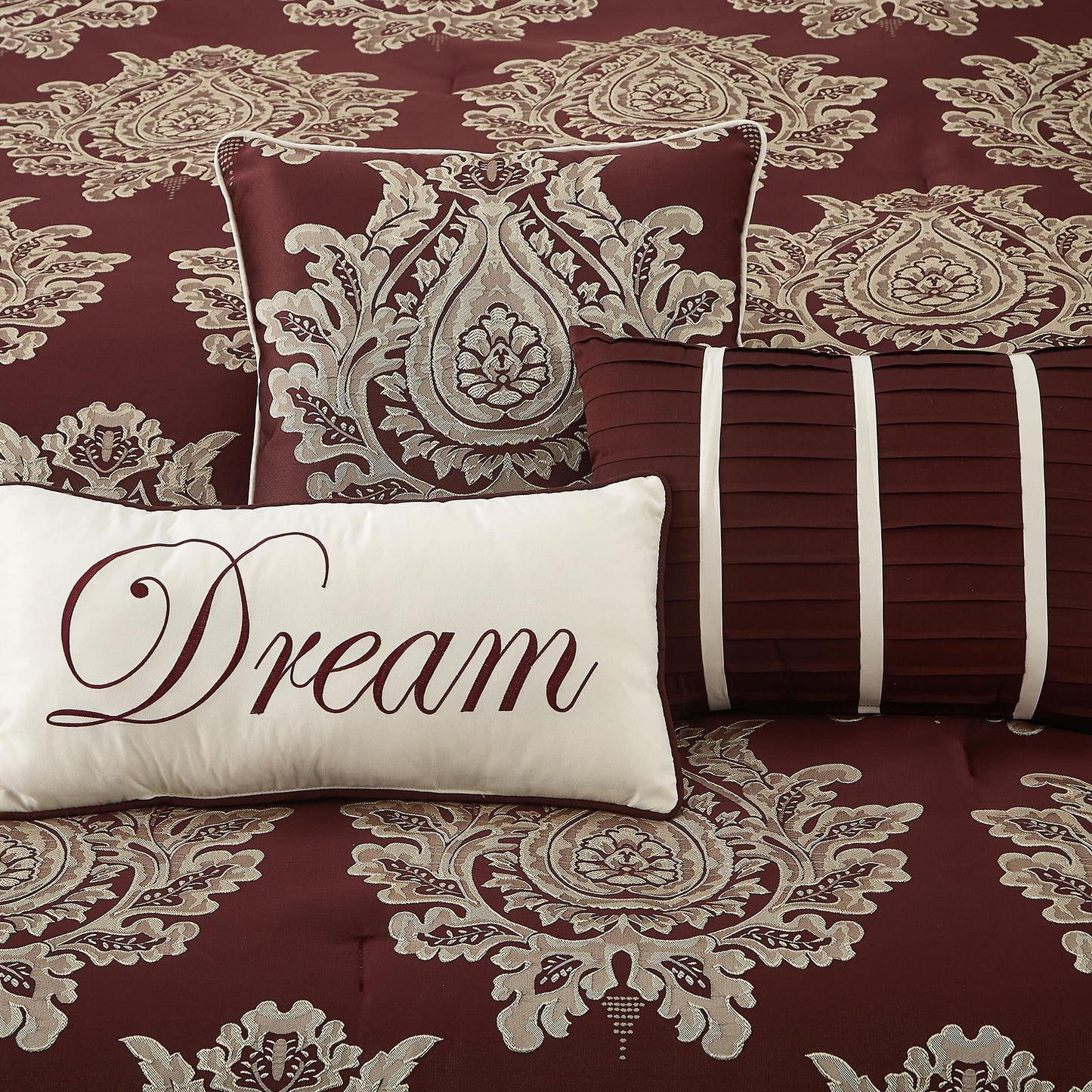 LANCO MODERN LIFESTYLE Burgundy King Size Comforter Set 7 Pieces, Jacquard Woven with Damask, Bedding Set in a Bag Includes Comforter, Bed Skirt, Pillow Shams, and Decorative Pillows