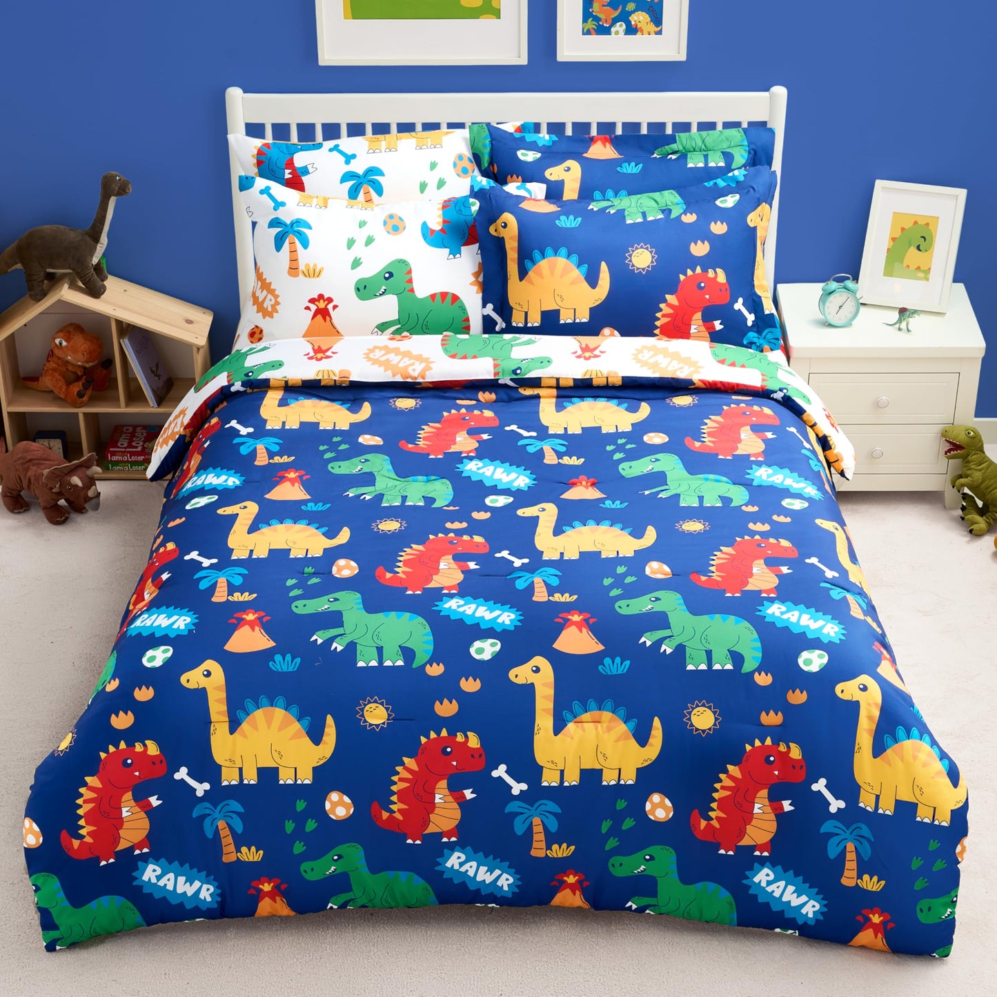 Joiedomi Kids Comforter Set Bedding Set for Boys Girls Super Soft Microfiber Bed in a Bag with Comforter Sheets Pillowcase Sham, Dark Blue Cute Dinosaur, Full