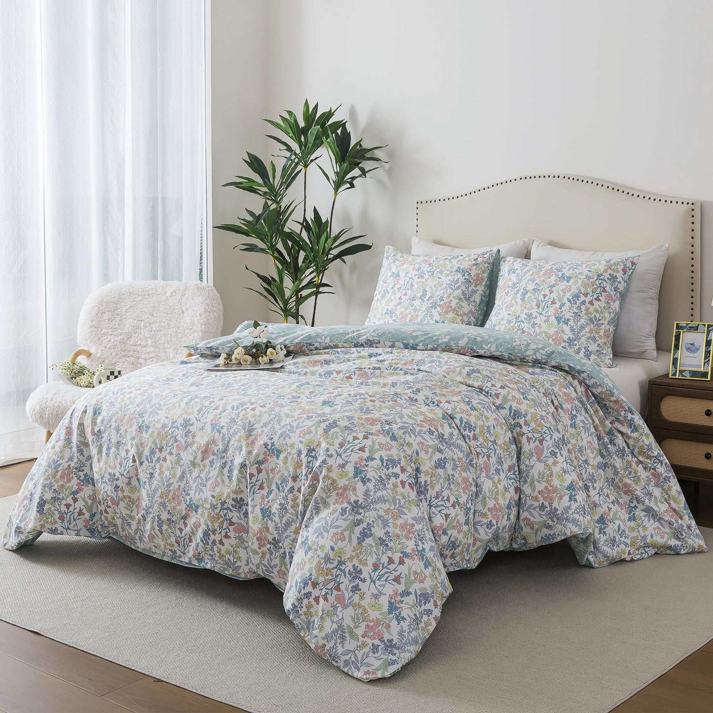 HoneiLife Cotton King Duvet Cover - Floral Comforter Cover 3-Piece, Botanical Bedlinen Set with Zipper Closure & Corner Ties, Wildflower Comforter Cover Sets All Season Use