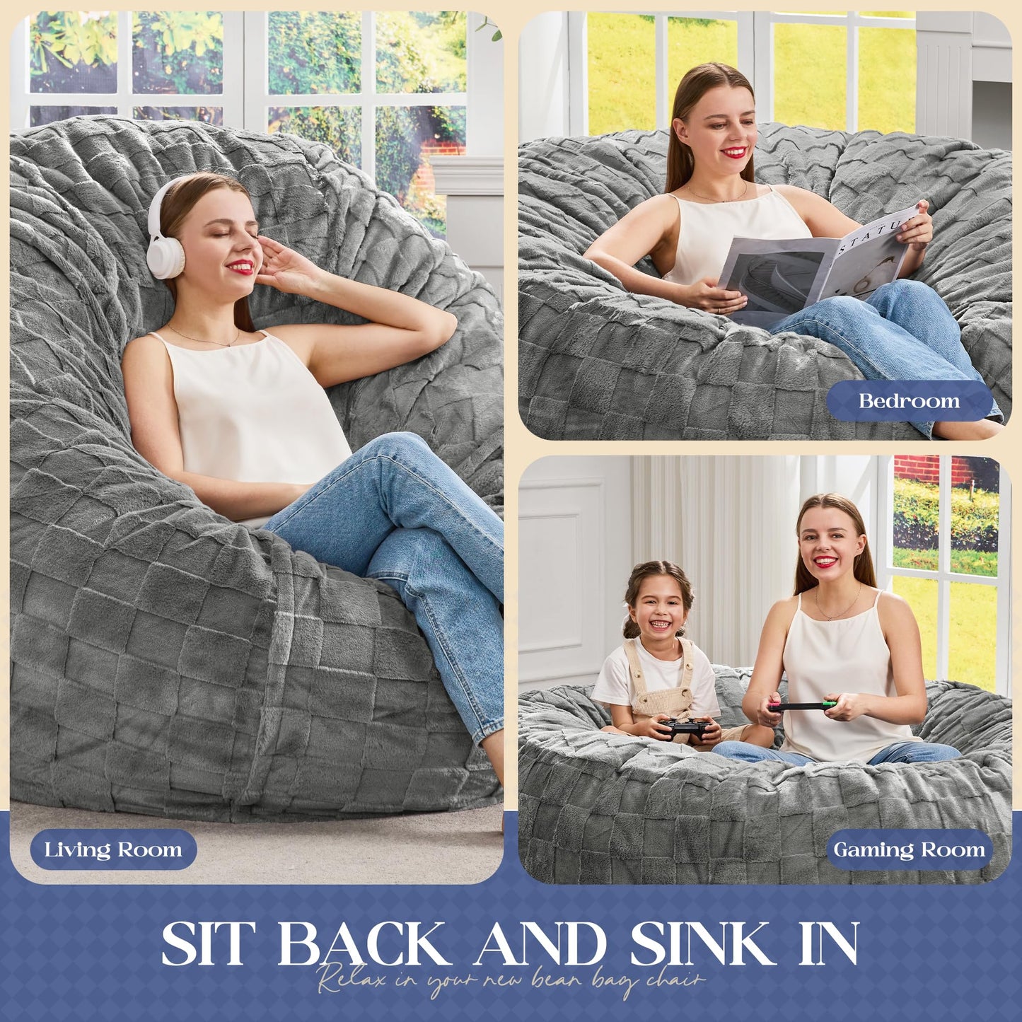 Hobestluk Bean Bag Chairs Beanbag Chair with Filler Adult Bean Bags with Fluffy Plaid Cover, Giant Bean Bag Chairs for Adults for Living Room, Bedroom (Grey, 3FT - 36” x 36” x 22”)